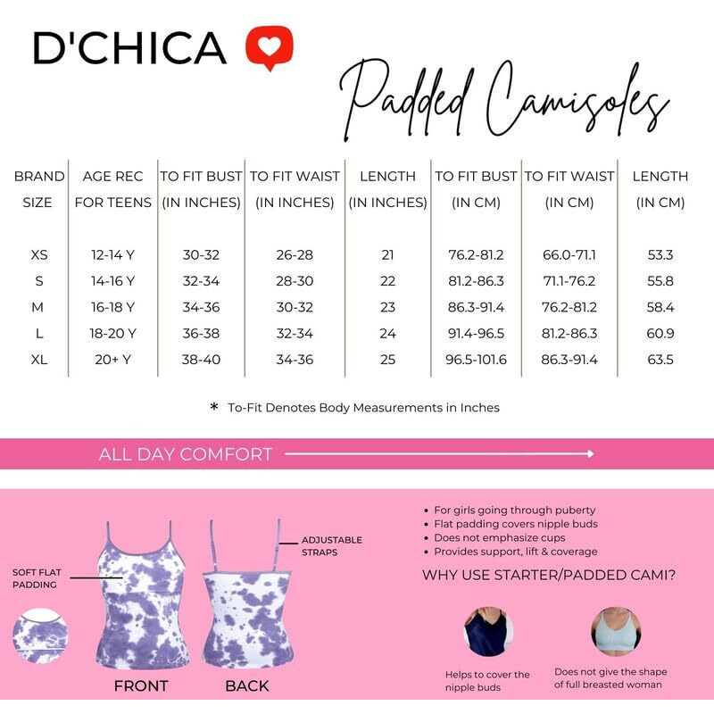 Dchica Regular Fit Padded Camisole Bra For Girls | Sleeveless Undershirts Cami Vest With Adjustable Straps | Cotton Camisole Tank Top/Innerwear For Girls | Pack Of 1 - White