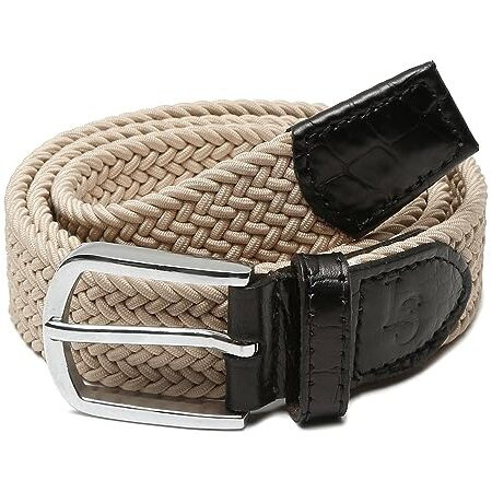 Louis Stitch Men's Seashell White Braided Elastic Stretch Belt With Leather Tipped End Stretchable Canvas Waist Band For Men Women Boys Girls Unisex (26-34 Inch Waist) (Be-El)