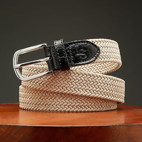 Louis Stitch Men's Seashell White Braided Elastic Stretch Belt With Leather Tipped End Stretchable Canvas Waist Band For Men Women Boys Girls Unisex (26-34 Inch Waist) (Be-El)
