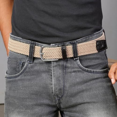 Louis Stitch Men's Seashell White Braided Elastic Stretch Belt With Leather Tipped End Stretchable Canvas Waist Band For Men Women Boys Girls Unisex (26-34 Inch Waist) (Be-El)