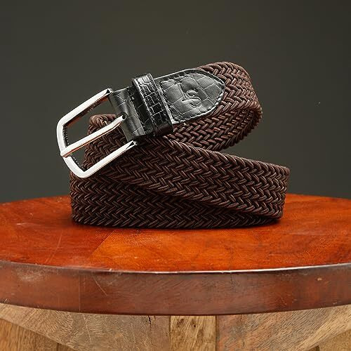 Louis Stitch Men's Brunette Brown Braided Elastic Stretch Belt With Leather Tipped End Stretchable Canvas Waist Band For Men Women Boys Girls Unisex (26-34 Inch Waist) (Be-El)