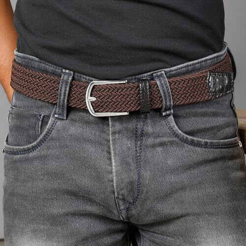 Louis Stitch Men's Brunette Brown Braided Elastic Stretch Belt With Leather Tipped End Stretchable Canvas Waist Band For Men Women Boys Girls Unisex (26-34 Inch Waist) (Be-El)