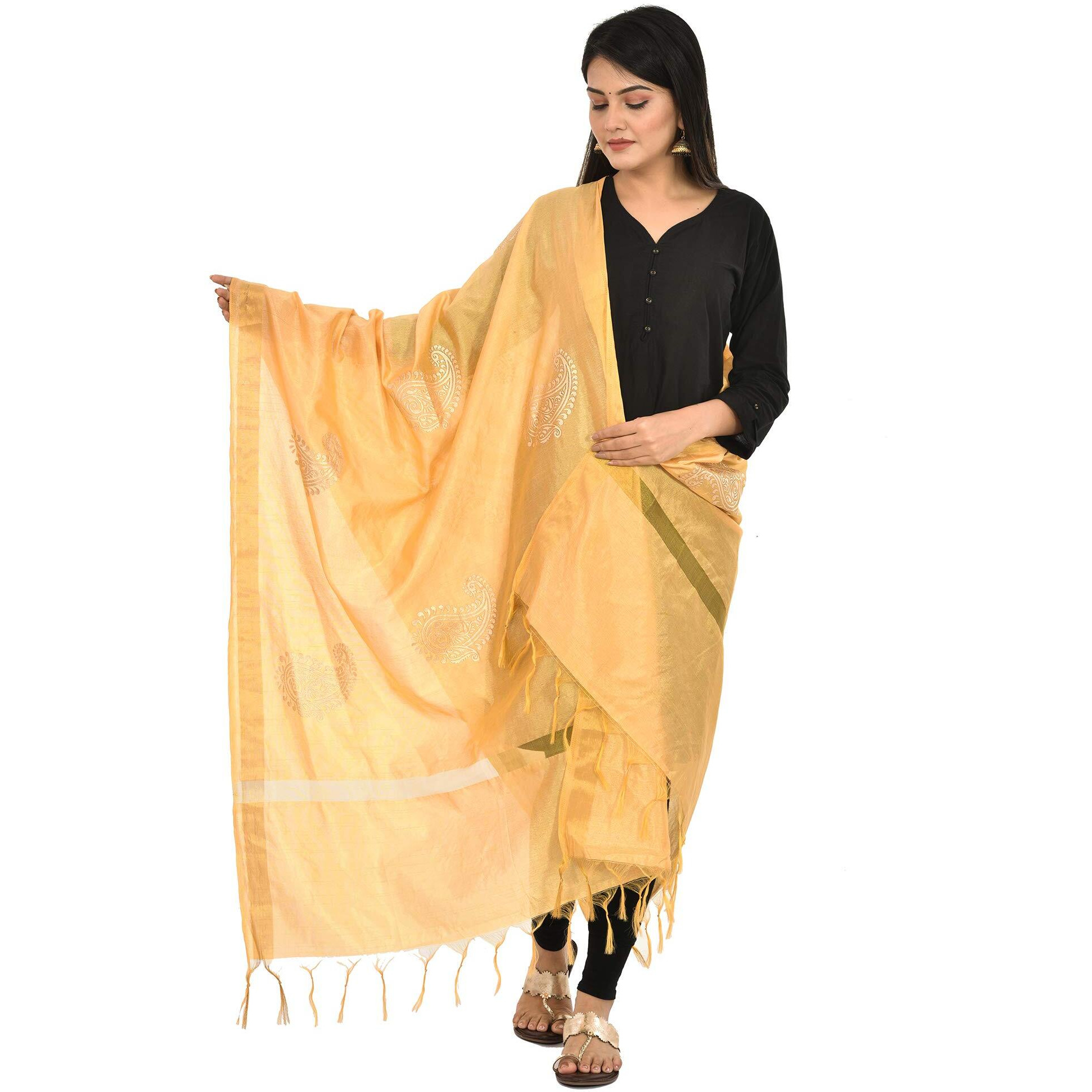 Youthquake Silk Golden Block Print Dupatta With Golden Border For Womens & Girls (Gold)