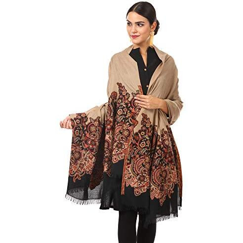 Pashtush Women's Kashmiri Jamawar Shawl, Jacquard Palla, Warm And Soft, Faux Fine Wool (Black And Beige)