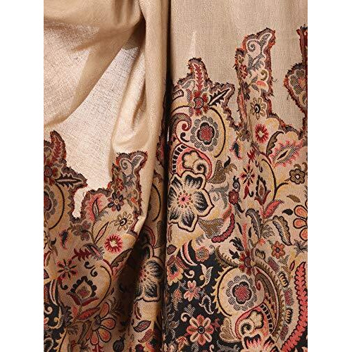 Pashtush Women's Kashmiri Jamawar Shawl, Jacquard Palla, Warm And Soft, Faux Fine Wool (Black And Beige)