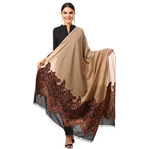 Pashtush Women's Kashmiri Jamawar Shawl, Jacquard Palla, Warm And Soft, Faux Fine Wool (Black And Beige)