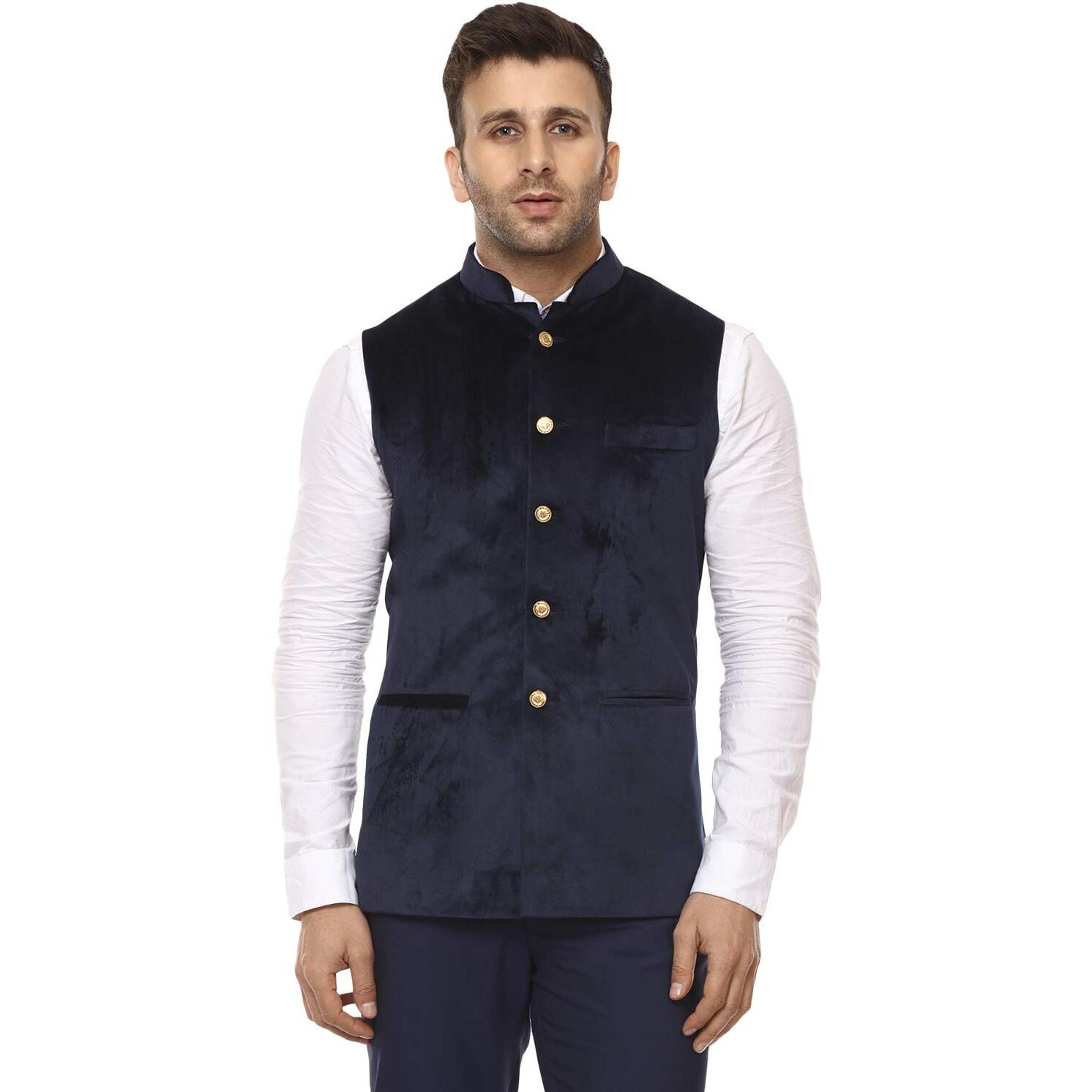Veera Paridhaan Men's Velvet Solid Green Nehru Jacket New (44, Blue)