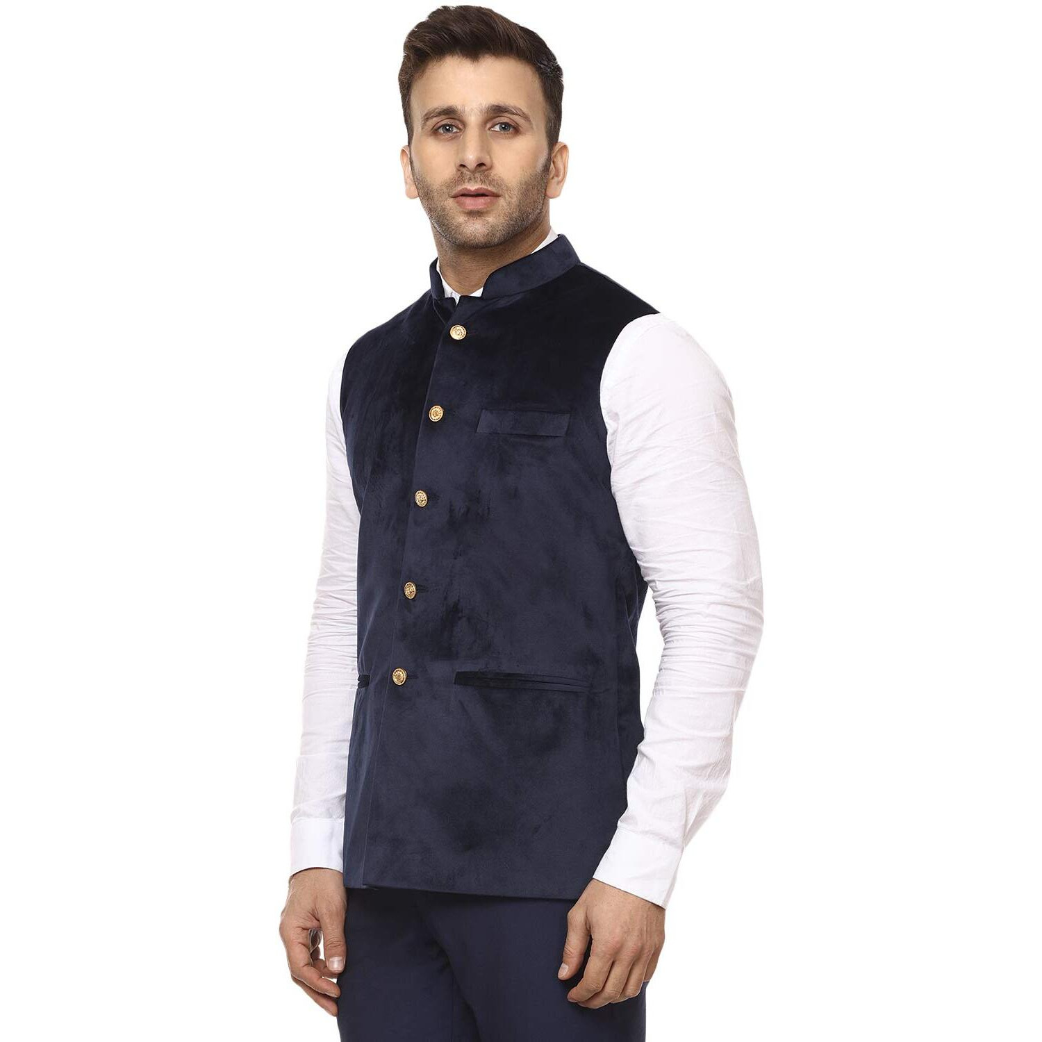 Veera Paridhaan Men's Velvet Solid Green Nehru Jacket New (44, Blue)