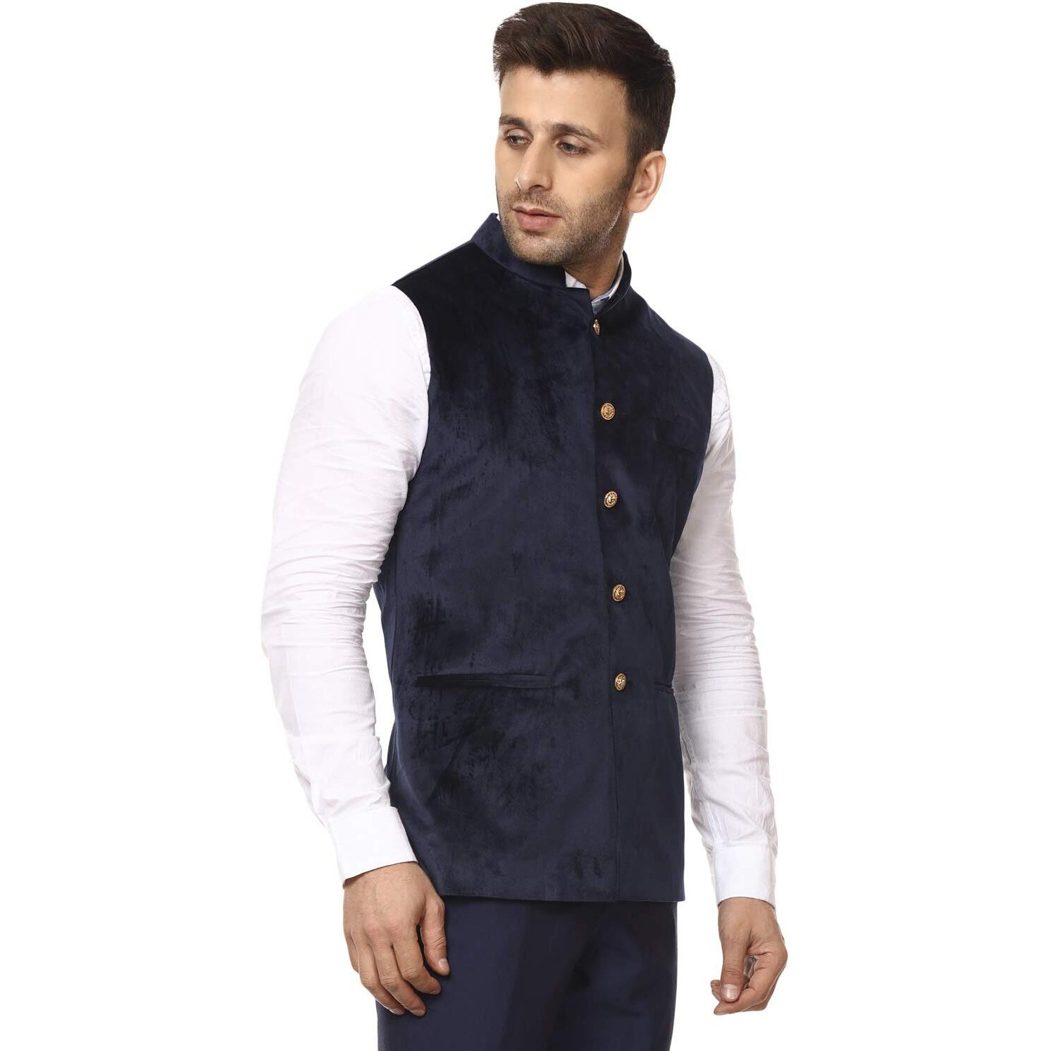 Veera Paridhaan Men's Velvet Solid Green Nehru Jacket New (44, Blue)
