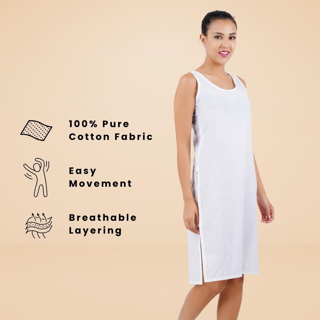 Happy Bunny Full Knee Length Cotton Camisole Inner Long Slip For Women - Firm Notstretchable Slip Lining For Kurti And Chickankari Suits/Tops - Suits Summer And Winter