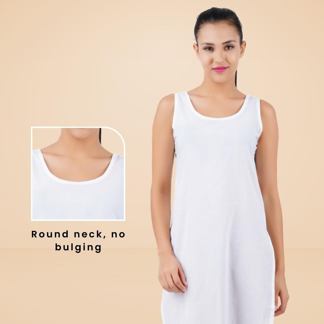 Happy Bunny Full Knee Length Cotton Camisole Inner Long Slip For Women - Firm Notstretchable Slip Lining For Kurti And Chickankari Suits/Tops - Suits Summer And Winter