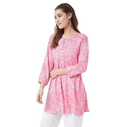 Tissu Women's Baby Pink & White Printed Kurti (Tissu-2014-44 Pink Xxl)