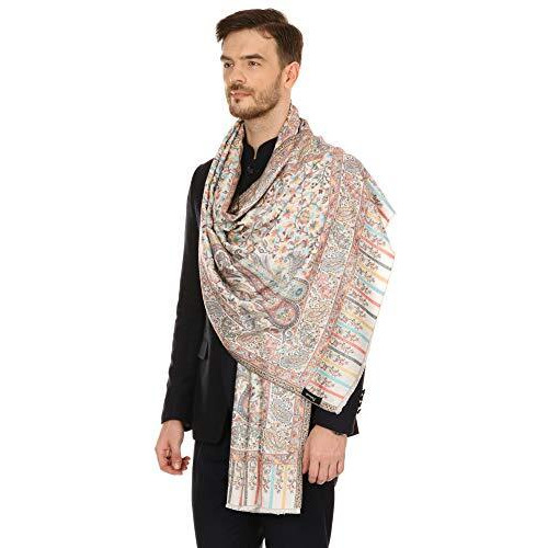 Pashtush Mens Fine Soft Ethnic Fine Bamboo Woven Stole White