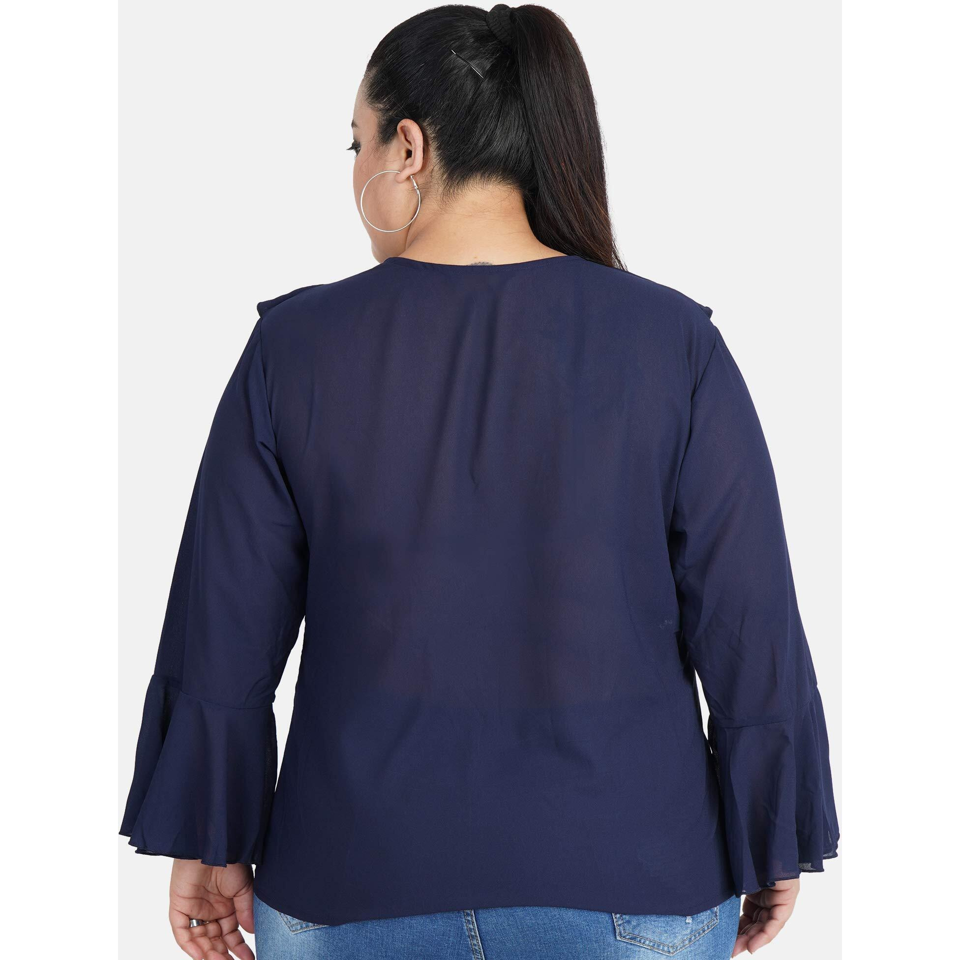 Indietoga Women's Plus Size Blue Solid Ruffled Georgette Tops (Bell Sleeves 2Xl)