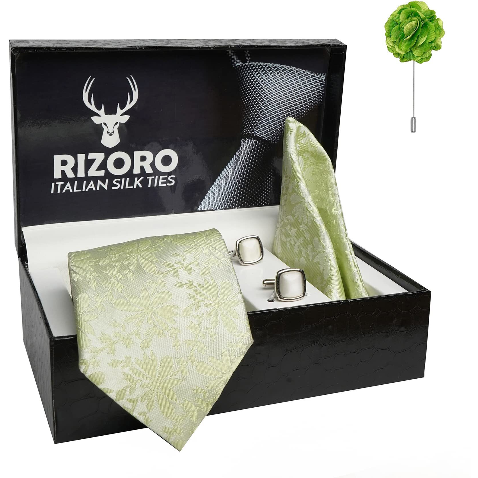 Rizoro Mens Plaid Paisley Silk Necktie Gift Set With Pocket Square Cufflinks & Brooch Pin Formal Tie With Leatherite Box (Green Pungnrx Free Size)