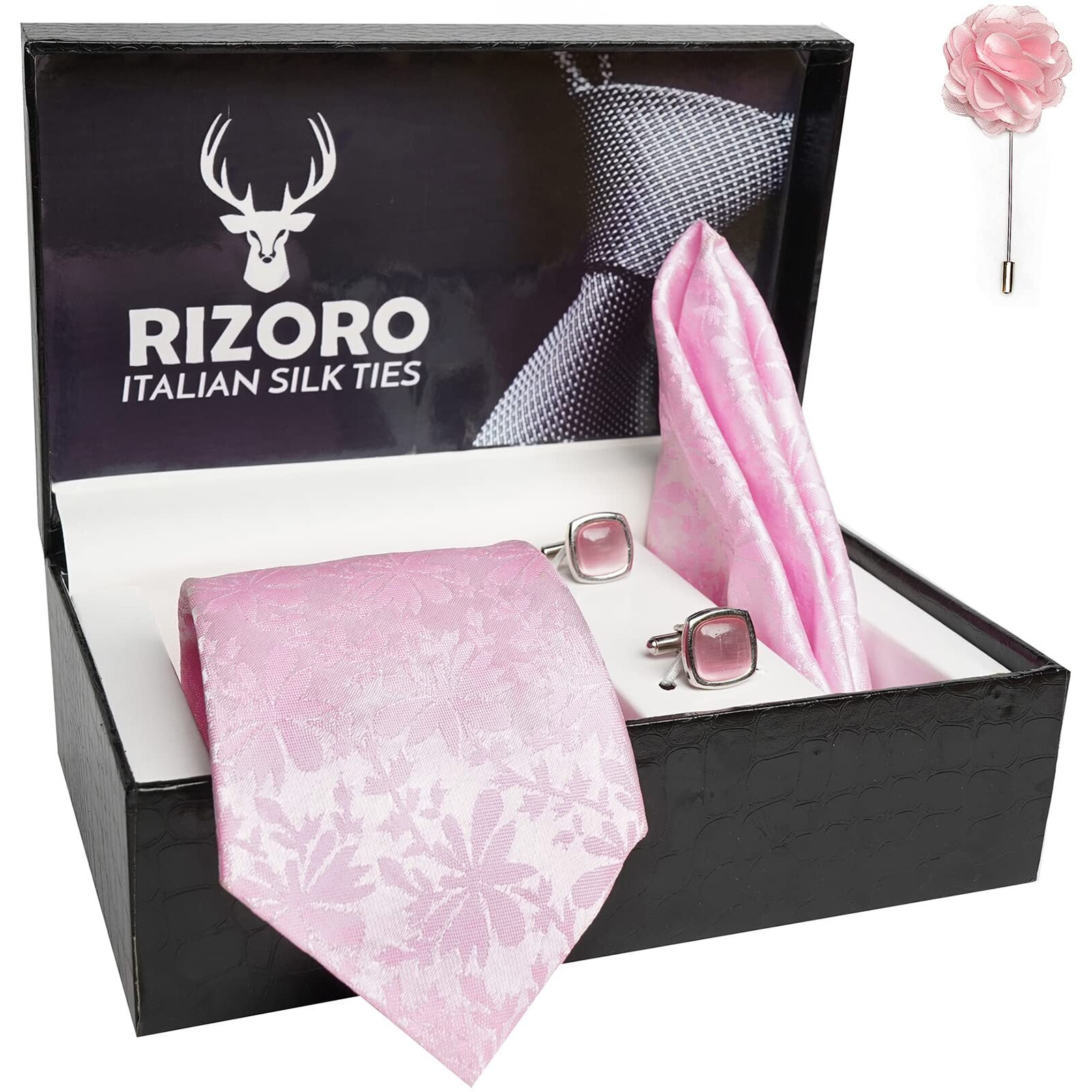 Rizoro Mens Paisley Silk Necktie Gift Set With Pocket Square Cufflinks & Brooch Pin Formal Tie With Gift Box (Baby Pink Punpkrx Free Size)