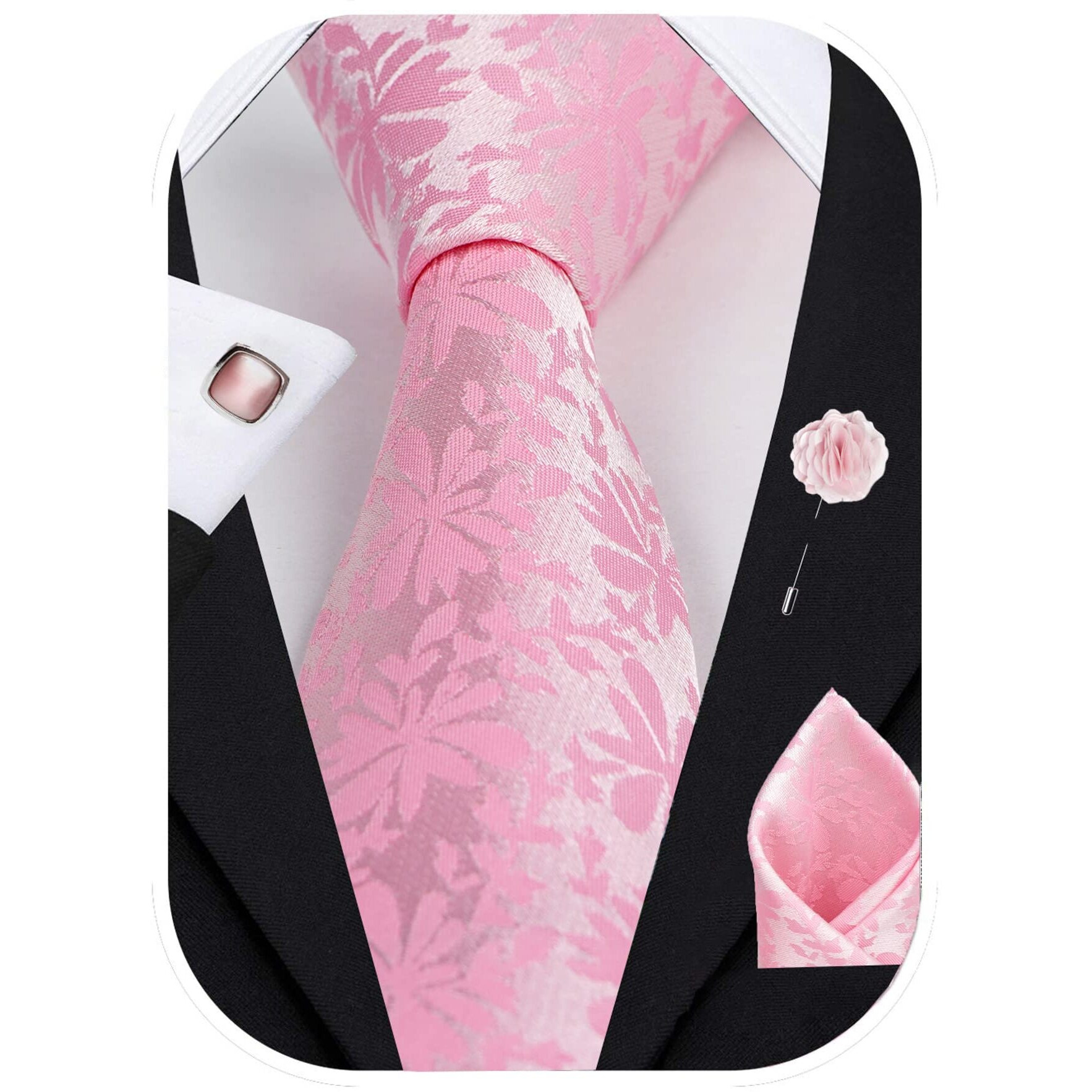 Rizoro Mens Paisley Silk Necktie Gift Set With Pocket Square Cufflinks & Brooch Pin Formal Tie With Gift Box (Baby Pink Punpkrx Free Size)