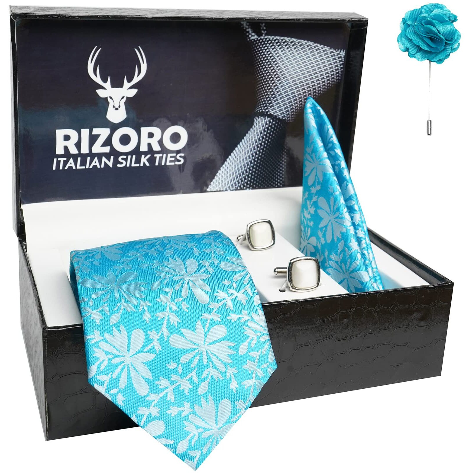 Rizoro Mens Plaid Paisley Silk Necktie Gift Set With Pocket Square Cufflinks & Brooch Pin Formal Tie With Leatherite Box (Royal Blue Punrxrx Free Size)