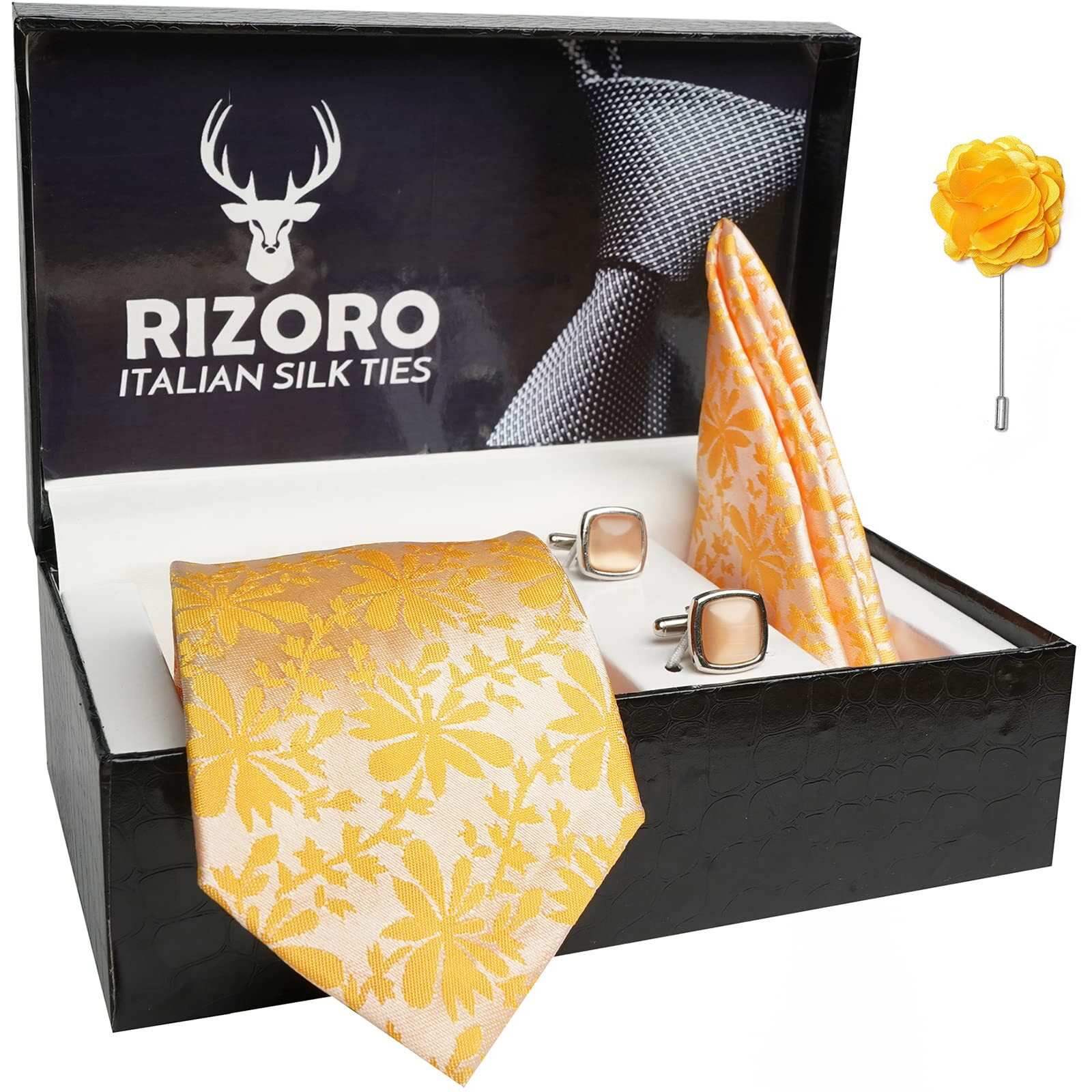 Rizoro Mens Plaid Paisley Silk Necktie Gift Set With Pocket Square Cufflinks & Brooch Pin Formal Tie With Leatherite Box (Yellow Punylrx Free Size)