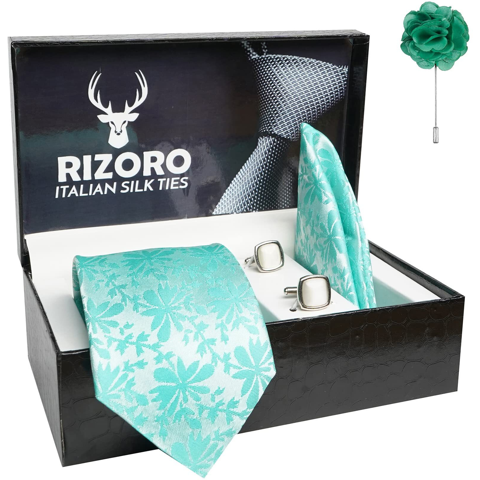 Rizoro Mens Plaid Paisley Silk Necktie Tie Gift Set With Pocket Square, Cufflinks & Brooch Pin Formal Tie With Leatherite Box (Turquoise, Puntrrb, Free Size)