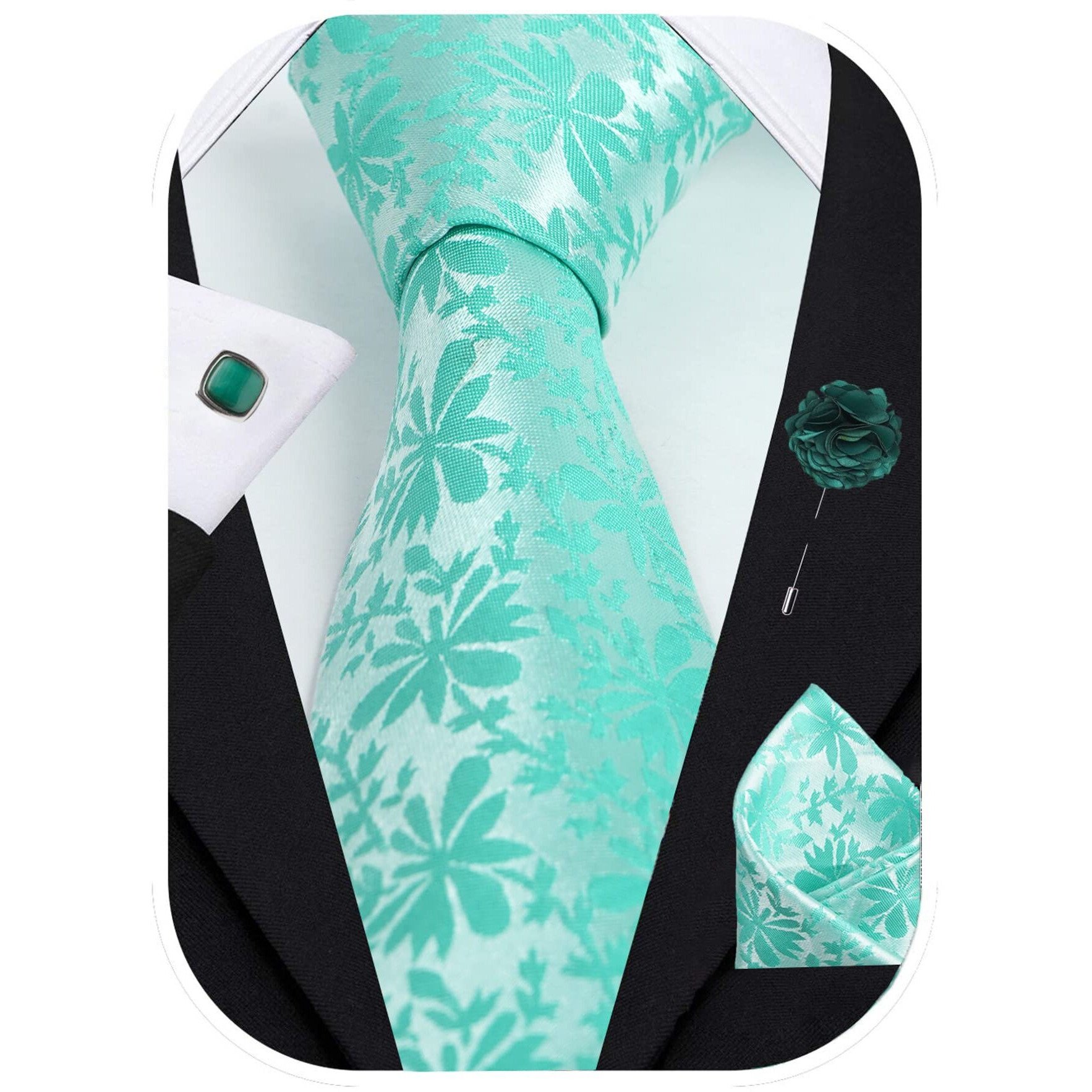 Rizoro Mens Plaid Paisley Silk Necktie Tie Gift Set With Pocket Square, Cufflinks & Brooch Pin Formal Tie With Leatherite Box (Turquoise, Puntrrb, Free Size)