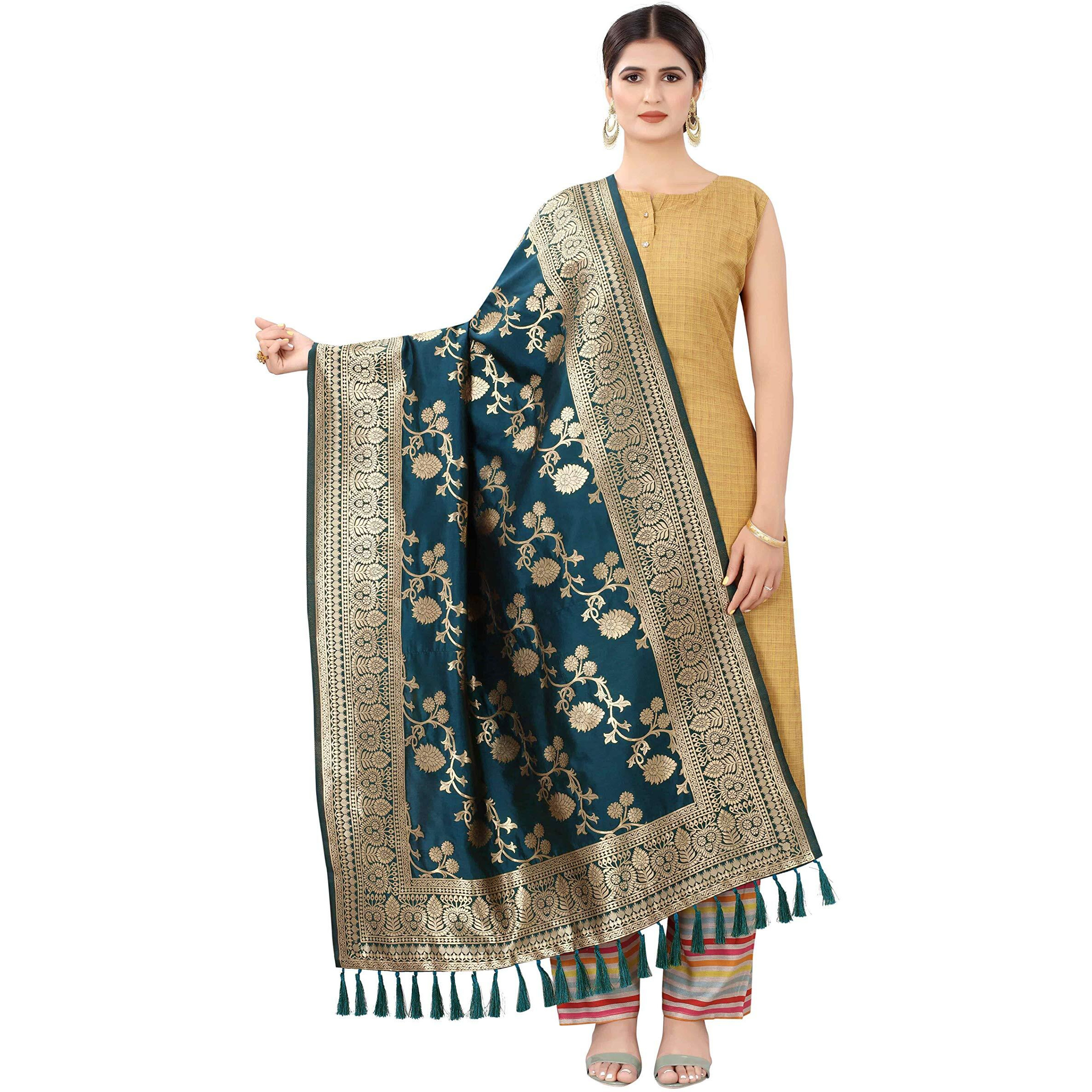 Enthone Women's Woven Floral Banarasi Silk Dark Blue Dupatta (Szdpdb-23)