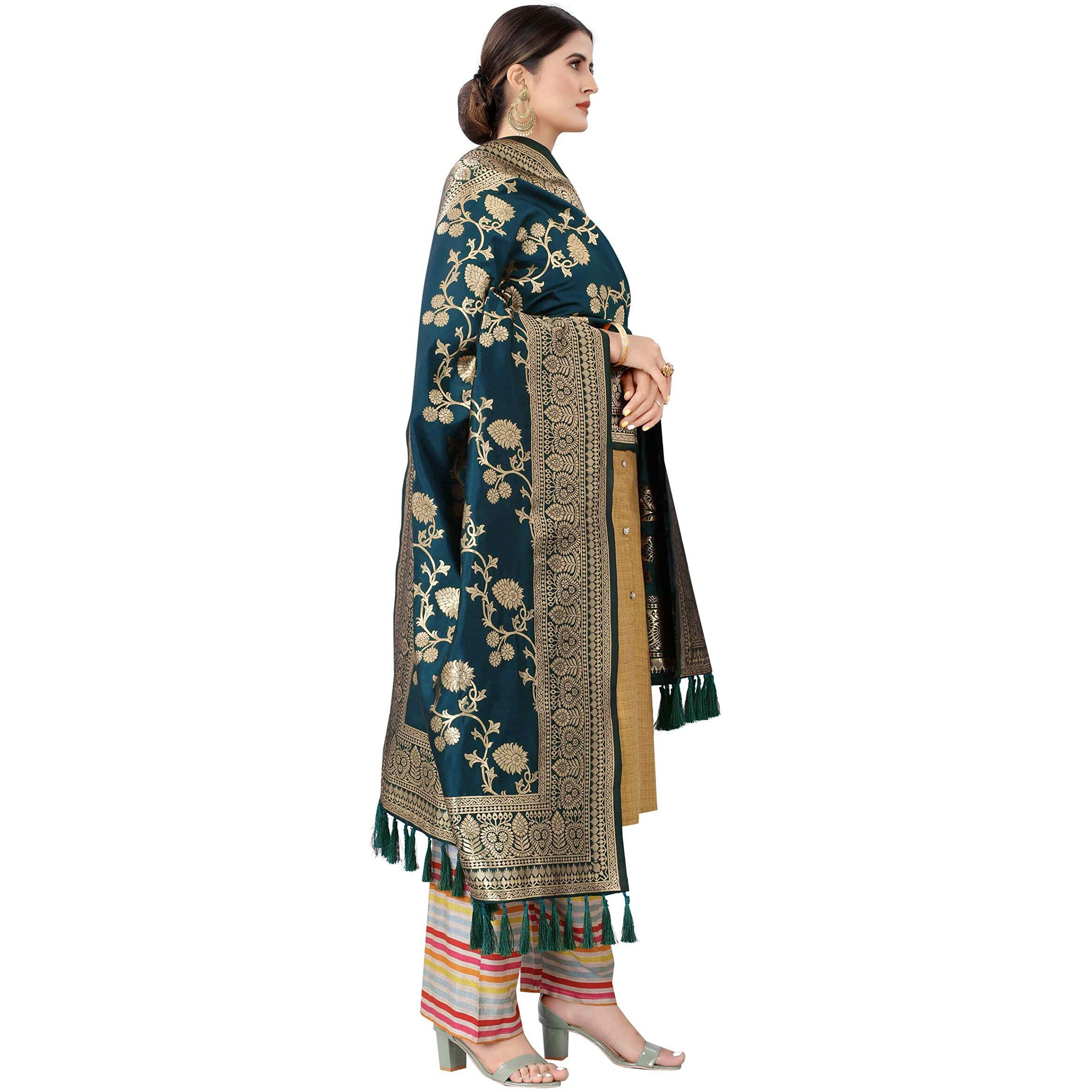 Enthone Women's Woven Floral Banarasi Silk Dark Blue Dupatta (Szdpdb-23)