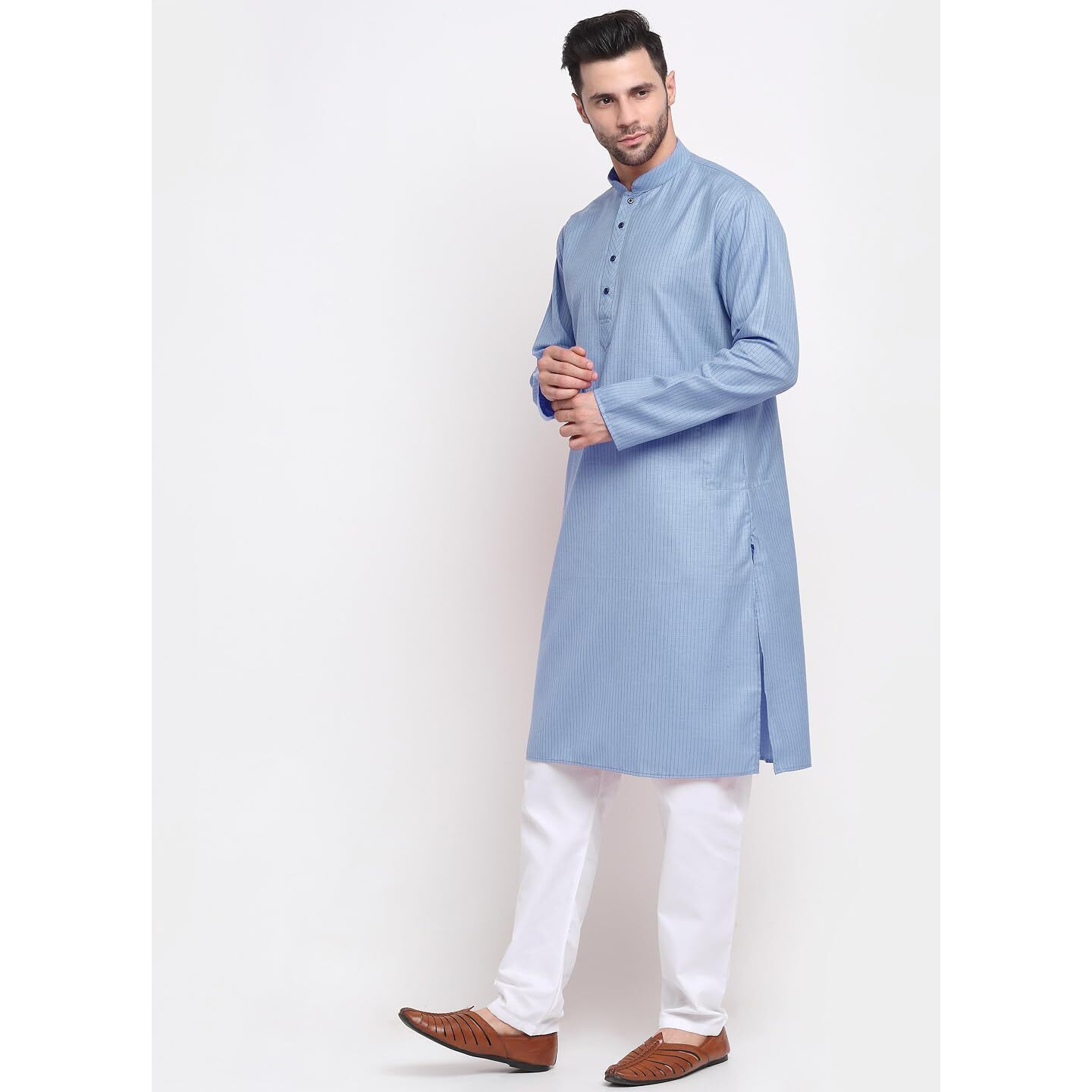 Kraft India Men Cotton Striped Blue Kurta Pyjama Set Size Small
