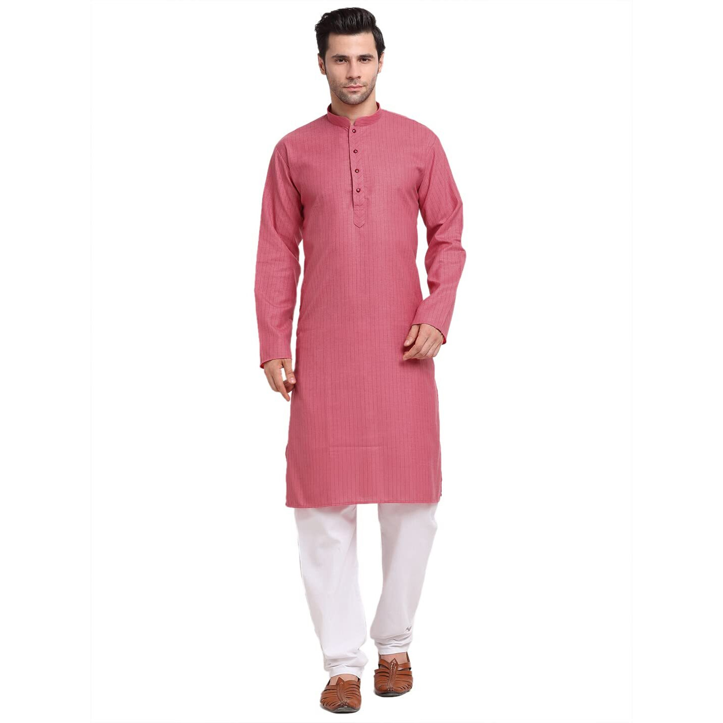 Kraft India Men Cotton Striped Pink Kurta Pyjama Set Size Medium