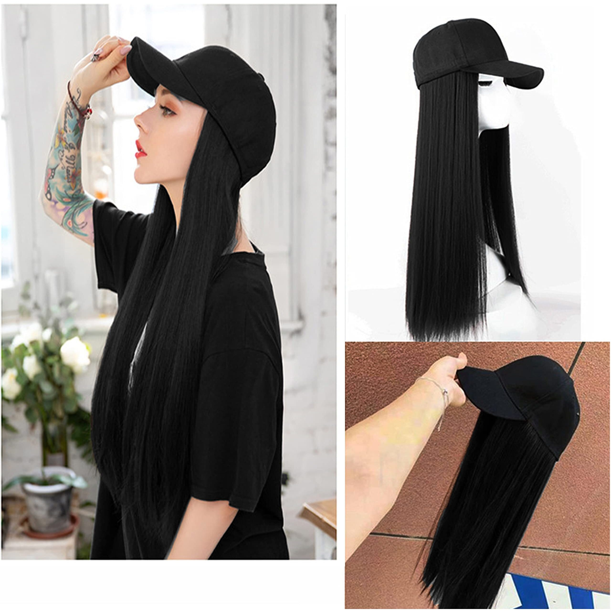 Paradise Synthetic Hair Hat 26" Long Straight Hair Piece Adjustable Baseball Cap Attached/Women Wigs Natural Hair Full Head 26Inch (Black) (Free Carry Pouch)