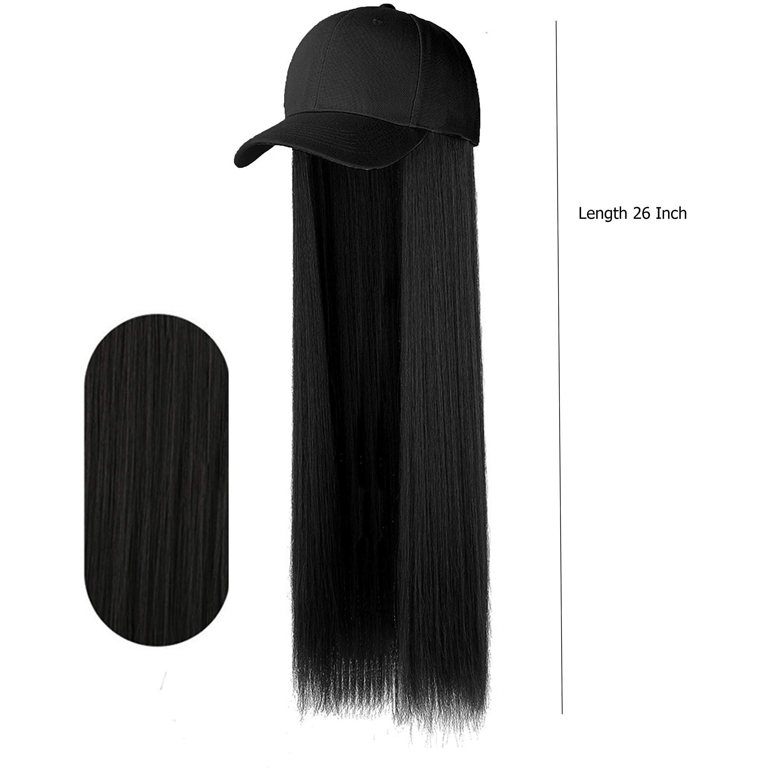 Paradise Synthetic Hair Hat 26" Long Straight Hair Piece Adjustable Baseball Cap Attached/Women Wigs Natural Hair Full Head 26Inch (Black) (Free Carry Pouch)