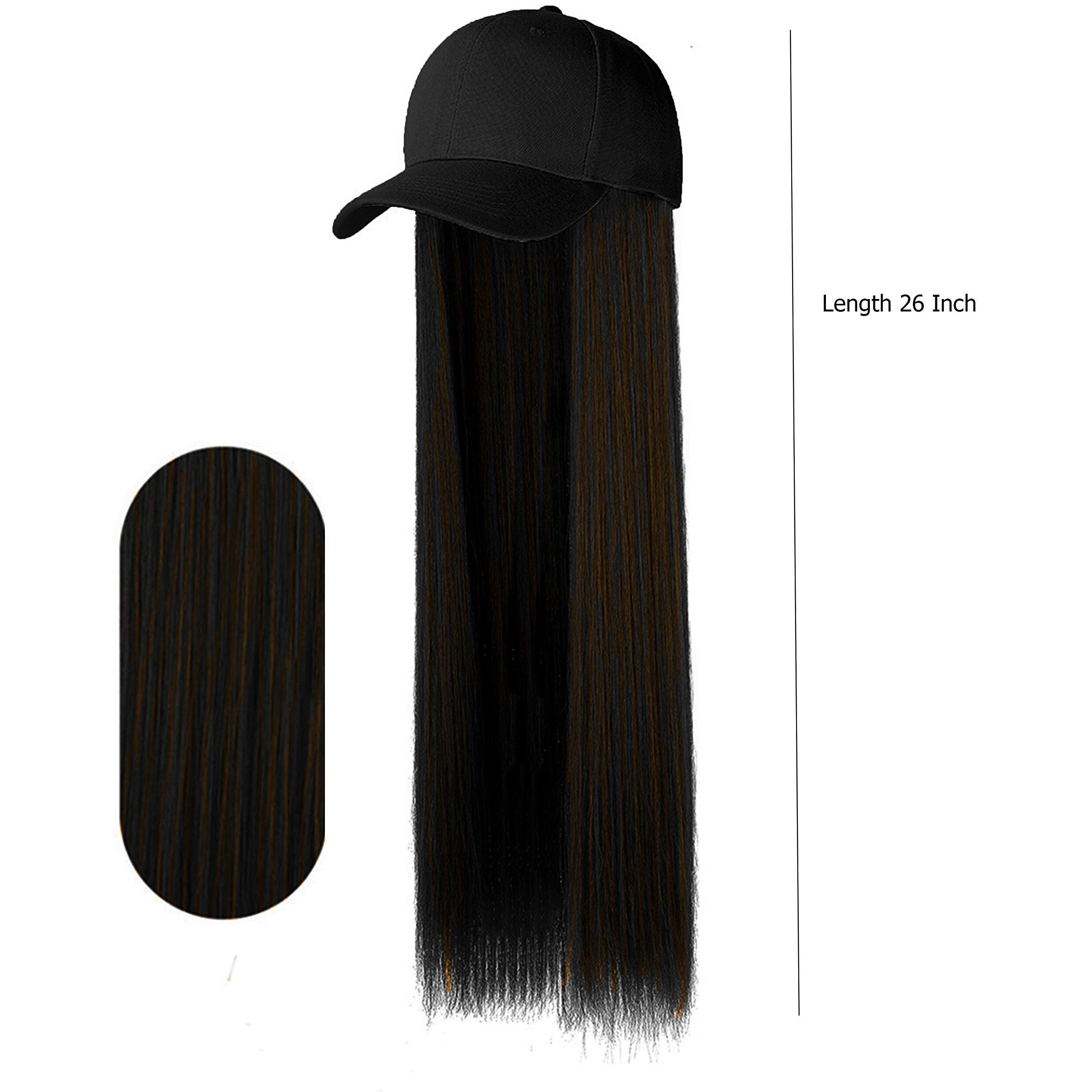 Paradise Synthetic Hair Hat 26" Long Straight Hair Piece Adjustable Baseball Cap Attached/Women Wigs Natural Hair Full Head 26Inch (Black + Golden Highlights) (Free Carry Pouch)