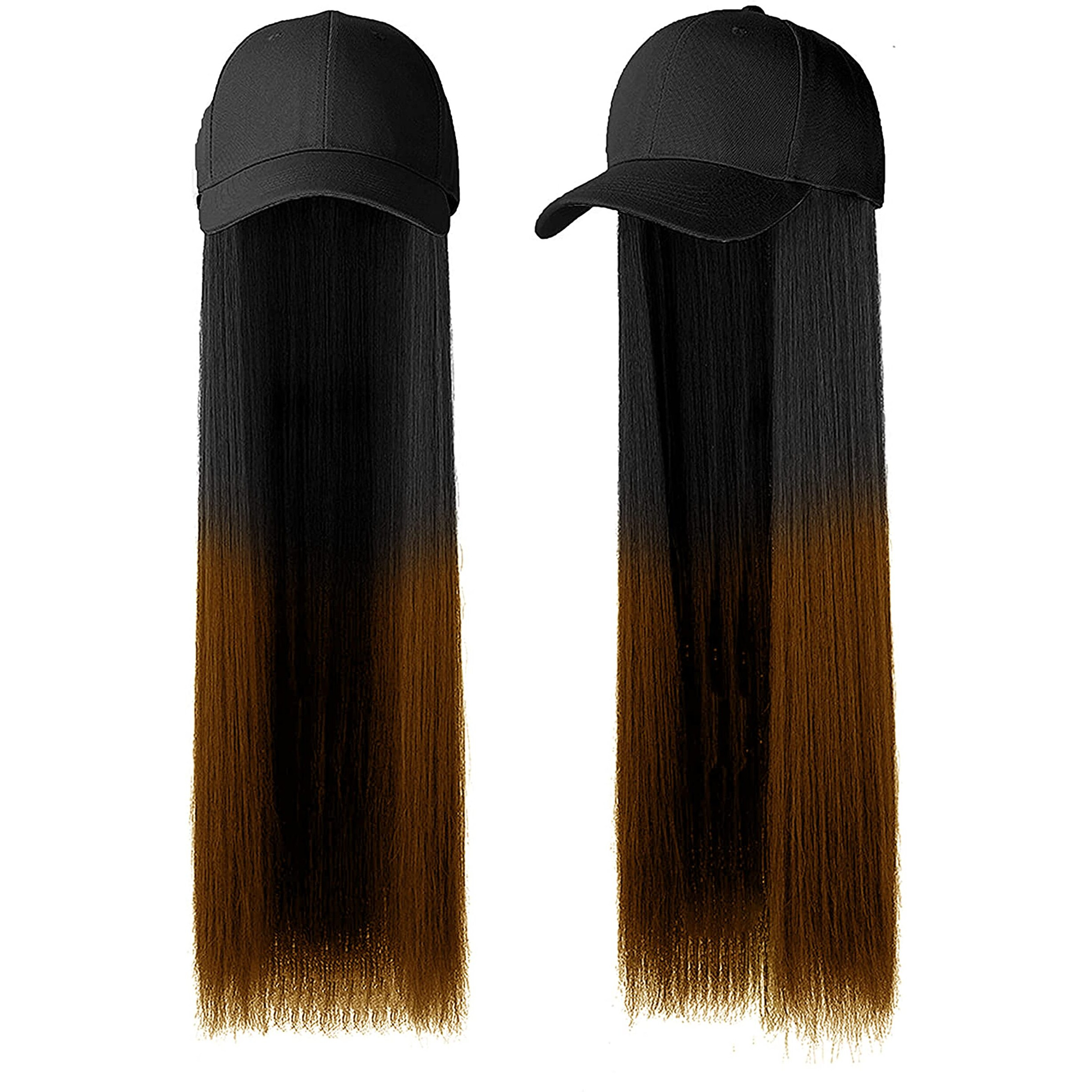 Paradise Synthetic Hair Hat 26" Long Straight Hair Piece Adjustable Baseball Cap Attached/Women Wigs Natural Hair Full Head 26Inch (Black + Ombre) (Free Carry Pouch)