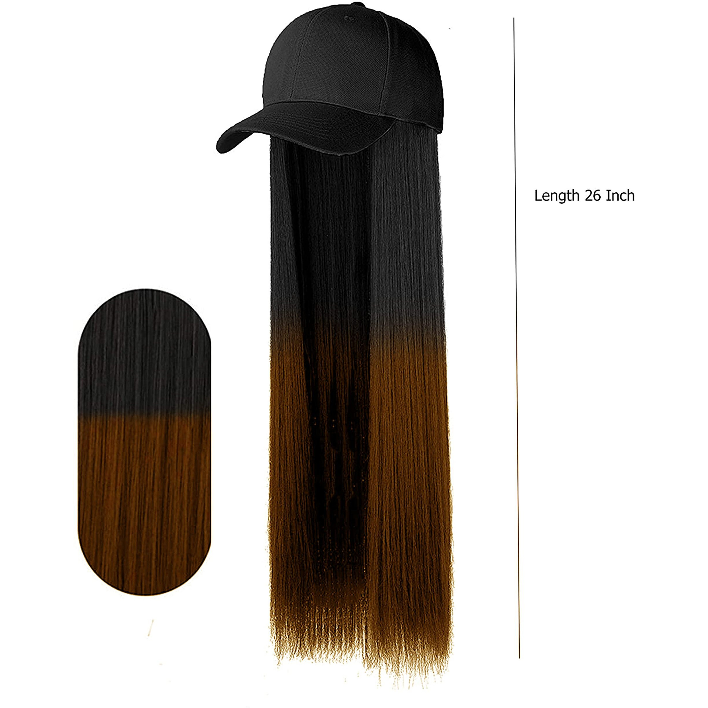 Paradise Synthetic Hair Hat 26" Long Straight Hair Piece Adjustable Baseball Cap Attached/Women Wigs Natural Hair Full Head 26Inch (Black + Ombre) (Free Carry Pouch)