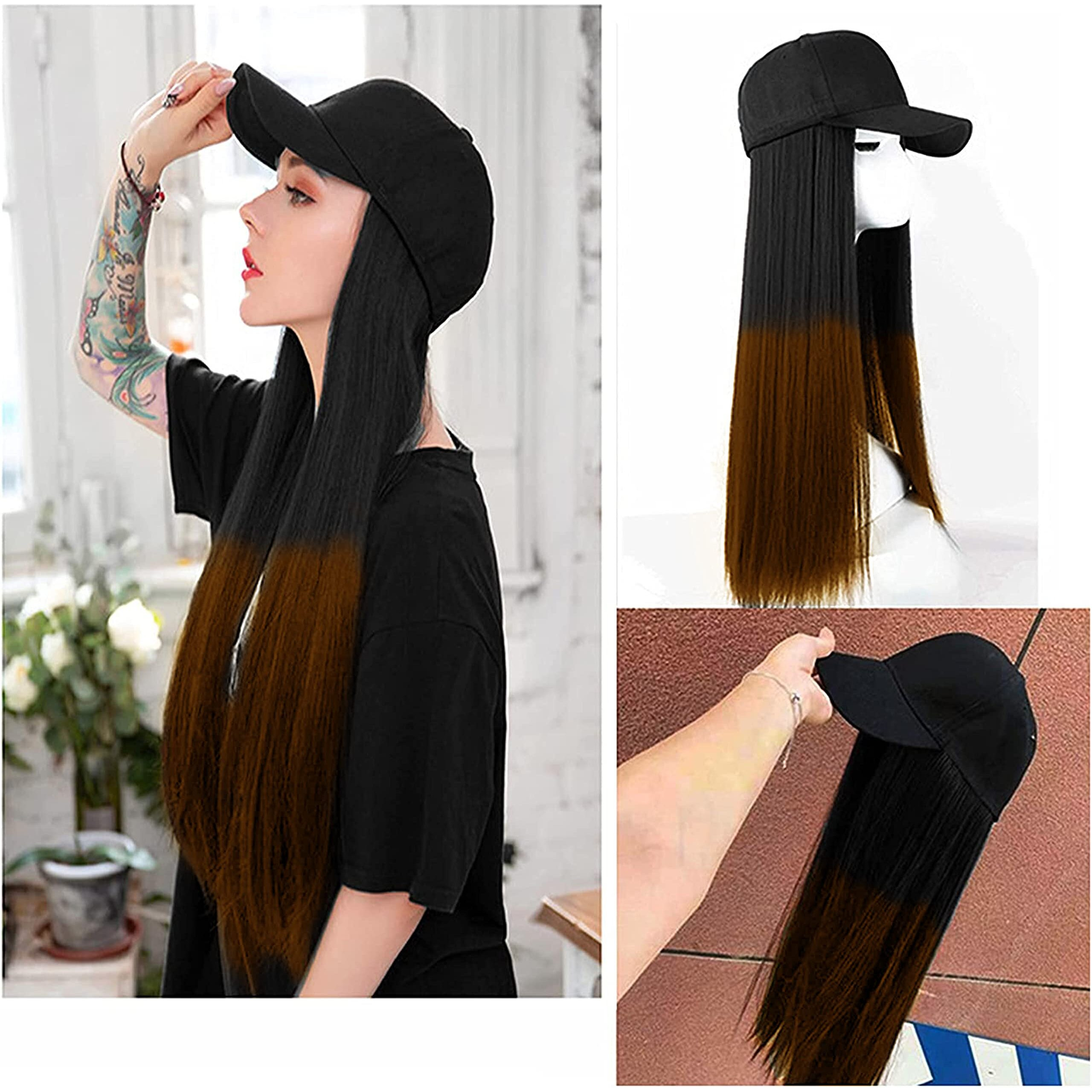 Paradise Synthetic Hair Hat 26" Long Straight Hair Piece Adjustable Baseball Cap Attached/Women Wigs Natural Hair Full Head 26Inch (Black + Ombre) (Free Carry Pouch)