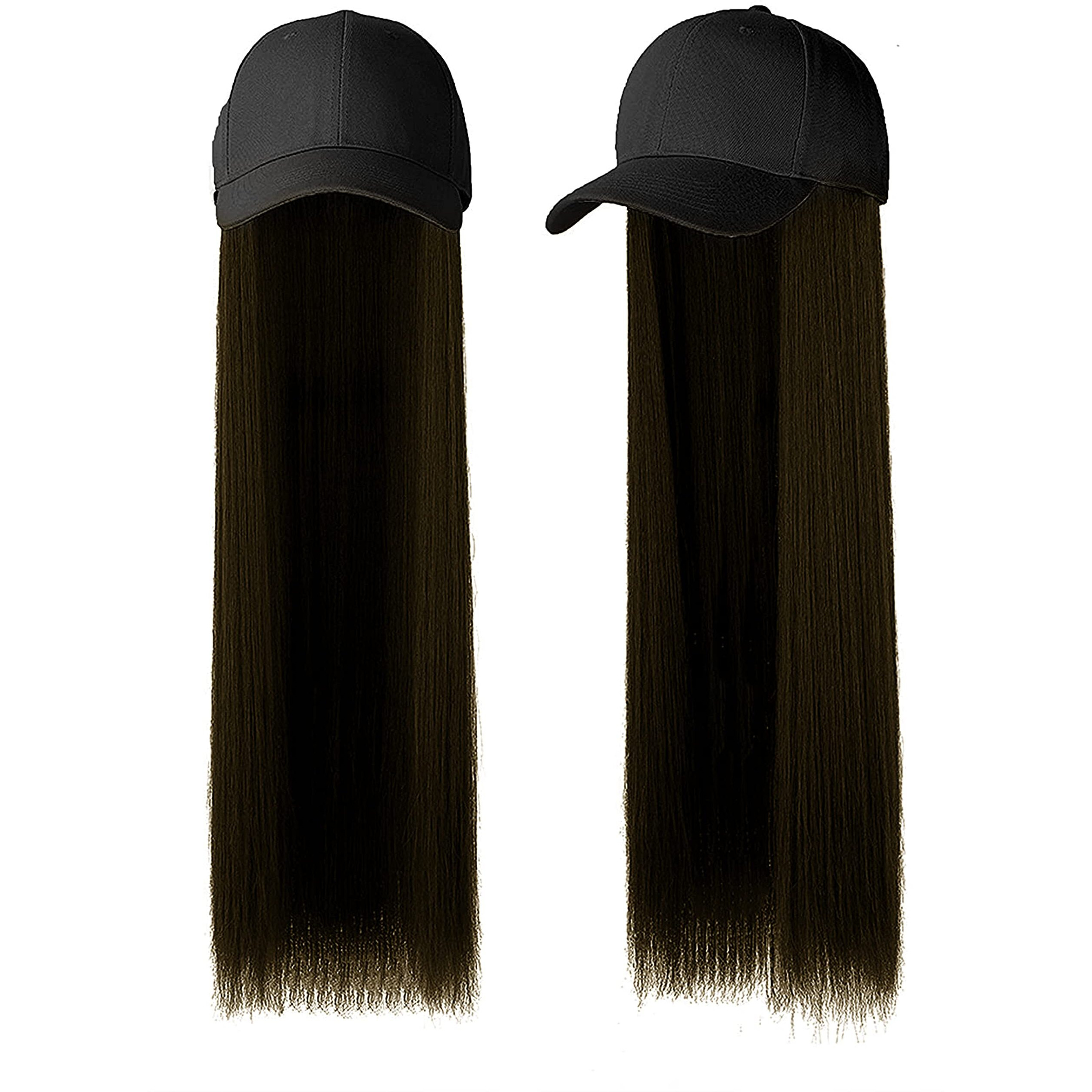 Paradise Synthetic Hair Hat 26" Long Straight Hair Piece Adjustable Baseball Cap Attached/Women Wigs Natural Hair Full Head 26Inch (Dark Brown) (Free Carry Pouch)150 Gram (Pack Of 1Pc)
