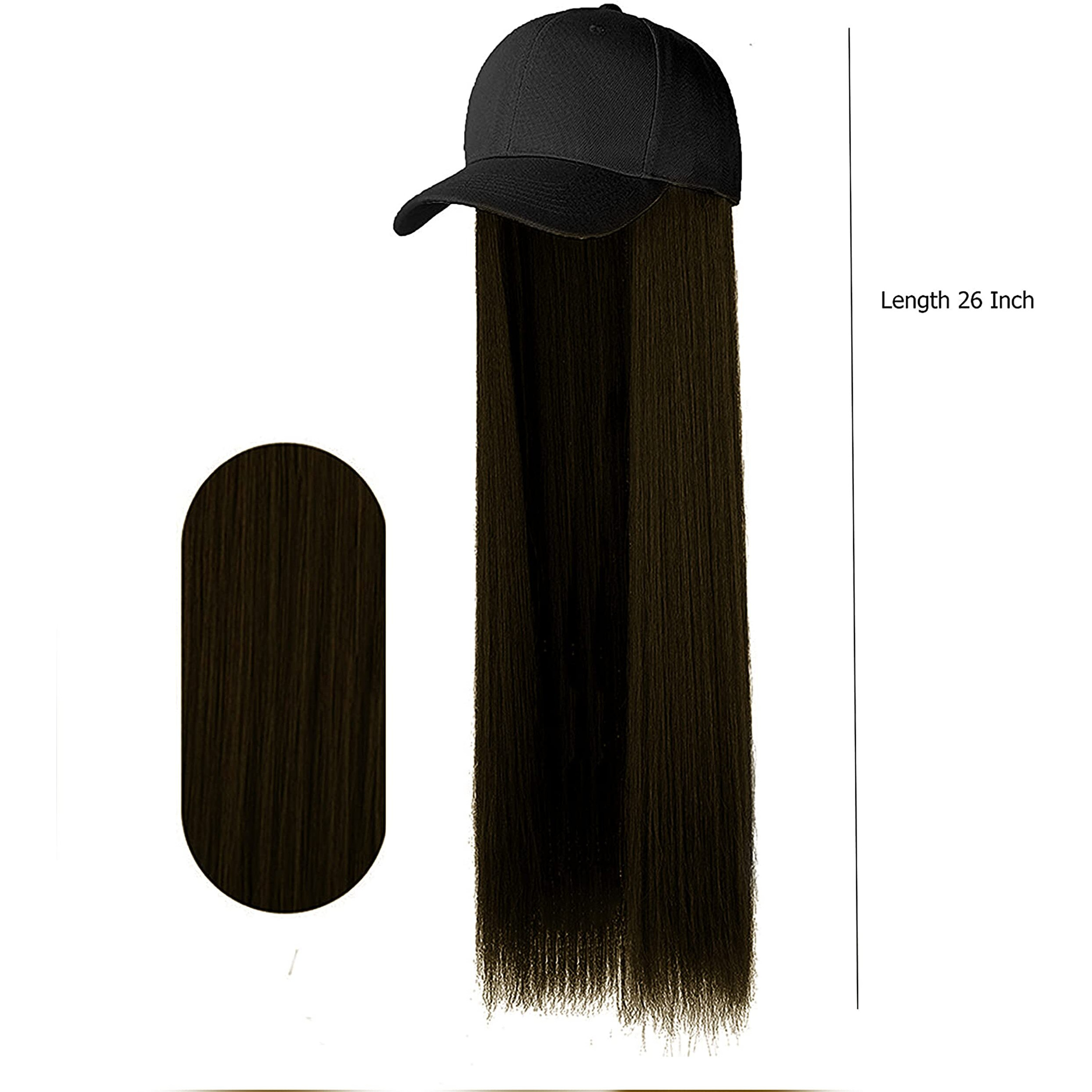 Paradise Synthetic Hair Hat 26" Long Straight Hair Piece Adjustable Baseball Cap Attached/Women Wigs Natural Hair Full Head 26Inch (Dark Brown) (Free Carry Pouch)150 Gram (Pack Of 1Pc)