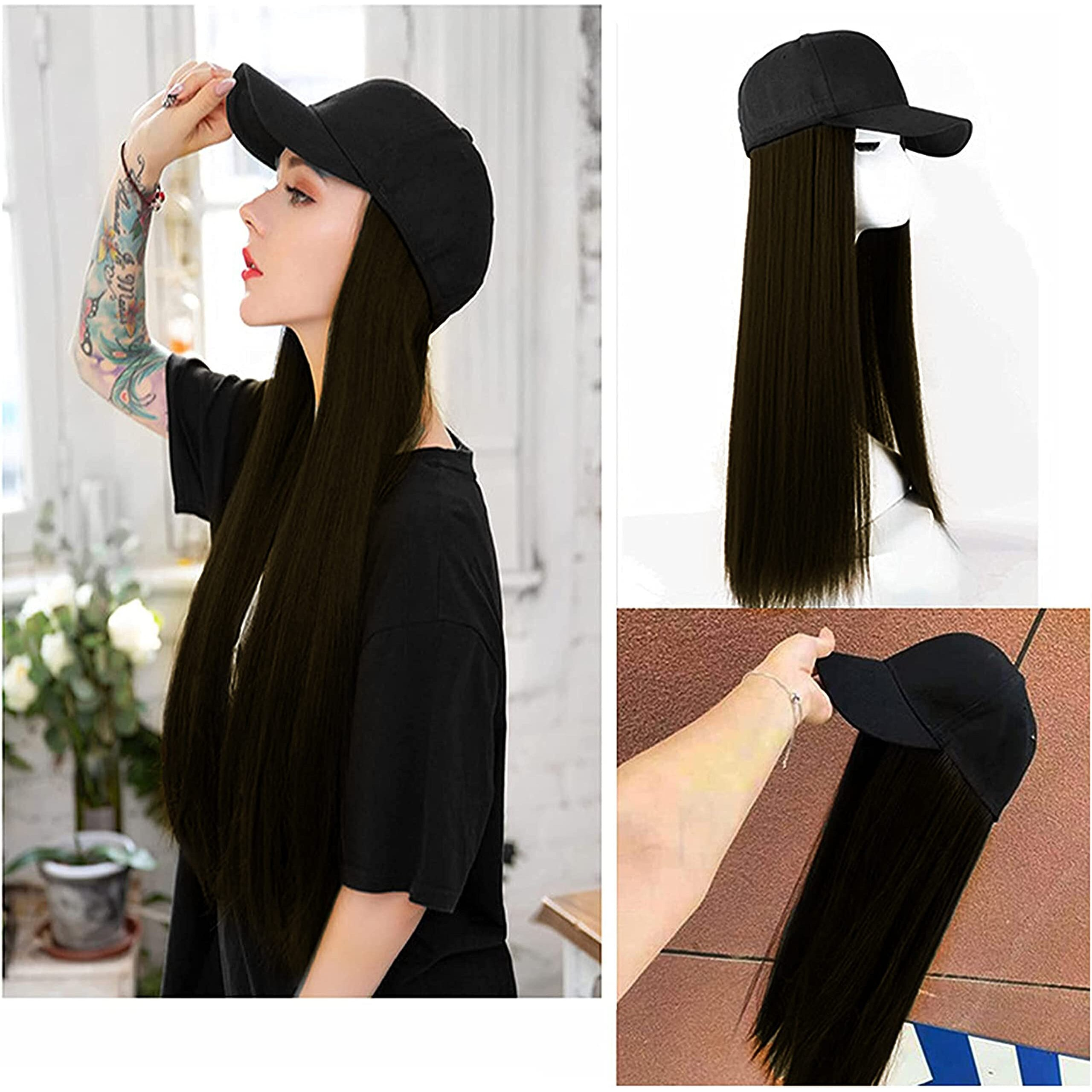 Paradise Synthetic Hair Hat 26" Long Straight Hair Piece Adjustable Baseball Cap Attached/Women Wigs Natural Hair Full Head 26Inch (Dark Brown) (Free Carry Pouch)150 Gram (Pack Of 1Pc)