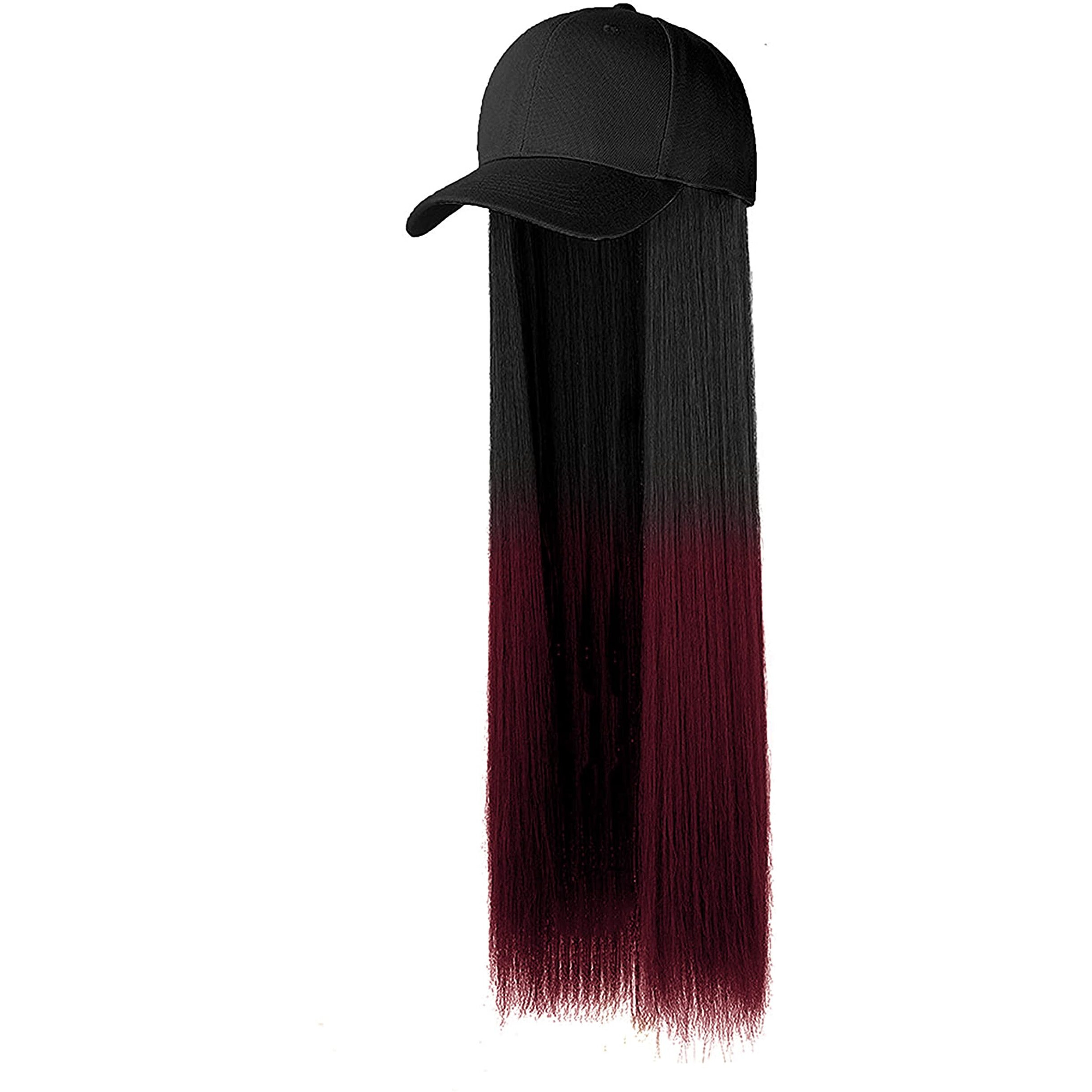 Paradise Synthetic Hair Hat 26" Long Straight Hair Piece Adjustable Baseball Cap Attached/Women Wigs Natural Hair Full Head 26Inch (Black+ Burgundy) (Free Carry Pouch)