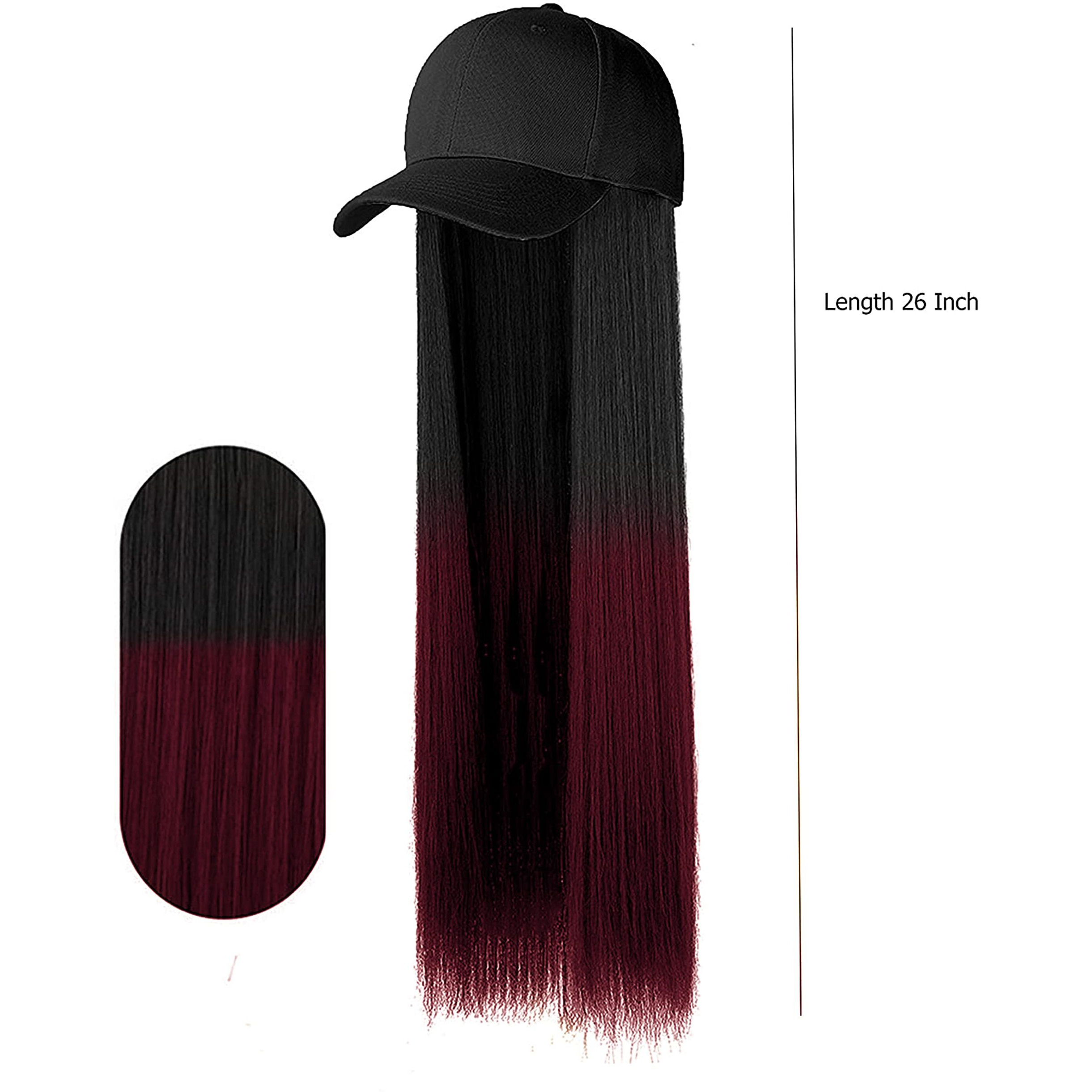 Paradise Synthetic Hair Hat 26" Long Straight Hair Piece Adjustable Baseball Cap Attached/Women Wigs Natural Hair Full Head 26Inch (Black+ Burgundy) (Free Carry Pouch)
