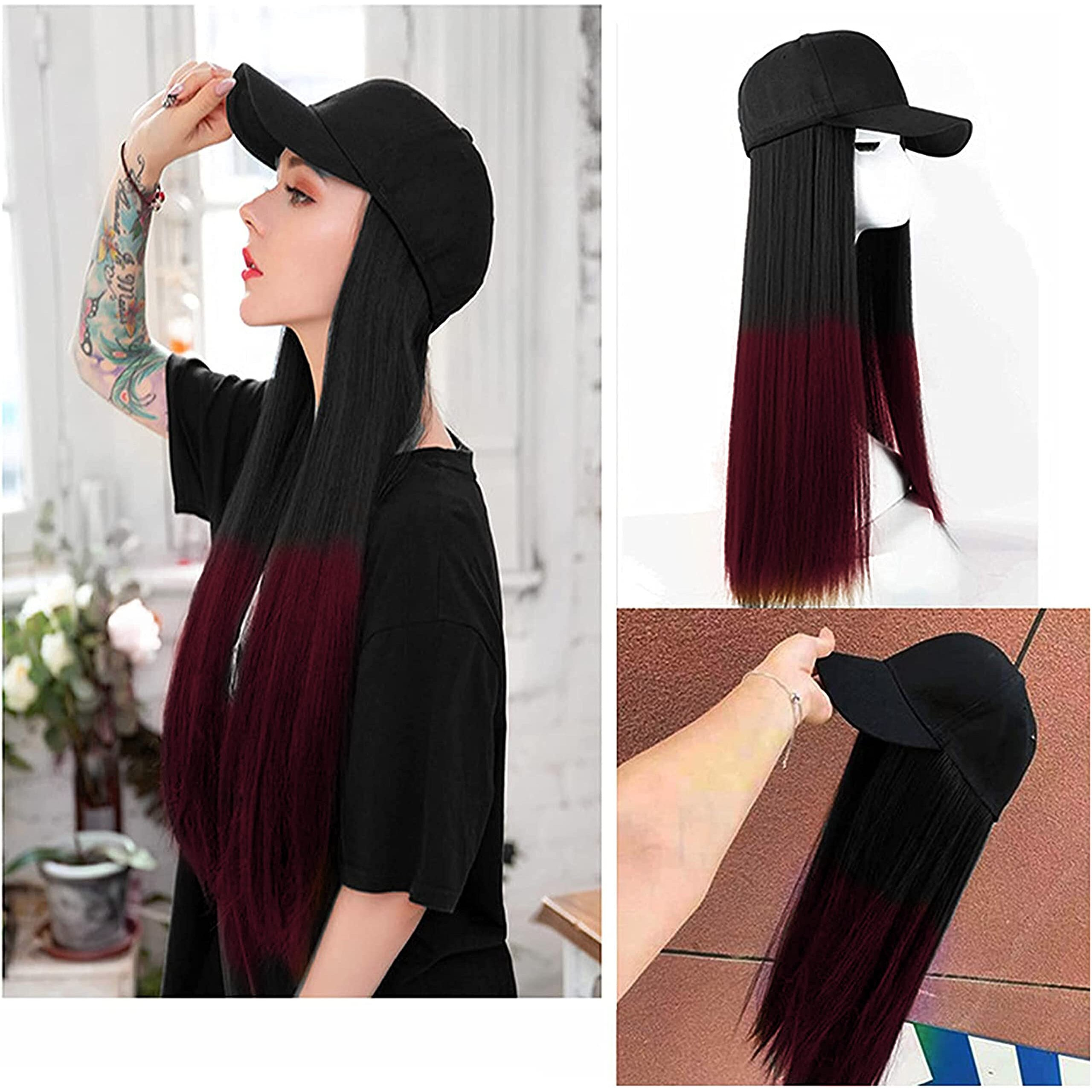 Paradise Synthetic Hair Hat 26" Long Straight Hair Piece Adjustable Baseball Cap Attached/Women Wigs Natural Hair Full Head 26Inch (Black+ Burgundy) (Free Carry Pouch)