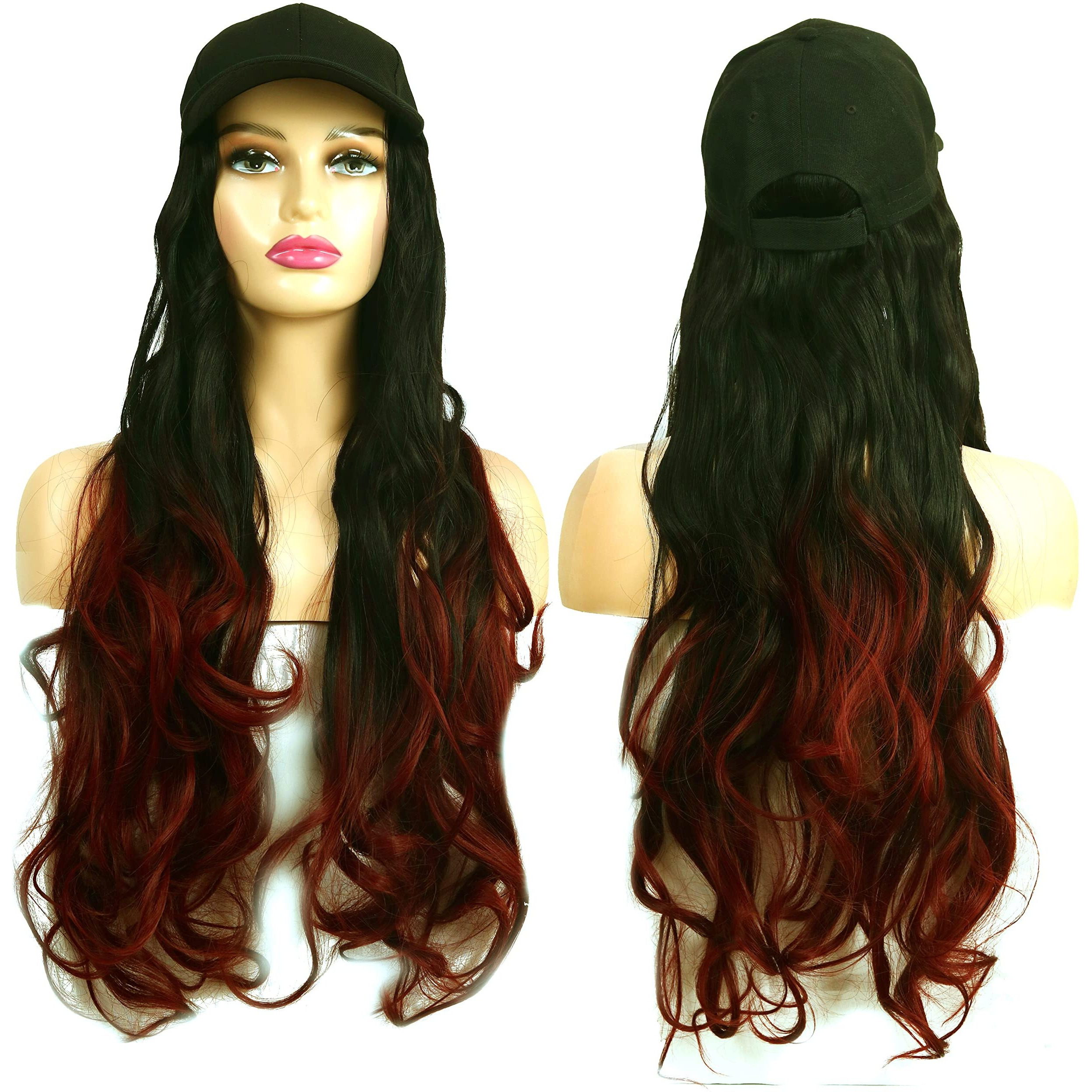 Paradise Synthetic Hair Hat 26" Long Hair Piece Adjustable Baseball Cap Attached/Women Wigs Natural Hair Full Head 26Inch (Curly Black+ Burgundy) (Free Carry Pouch) 150 Gram Pack Of 1Pc