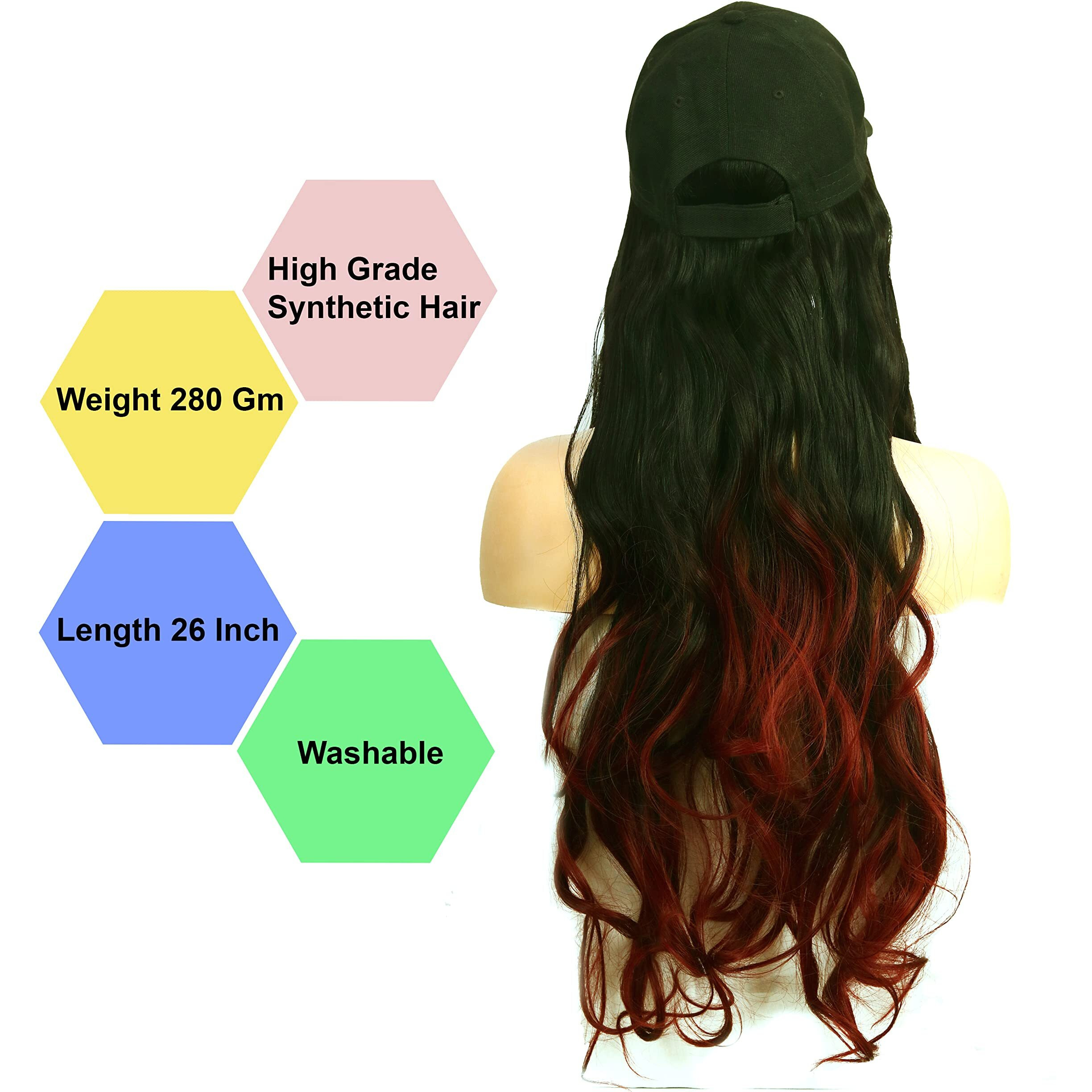 Paradise Synthetic Hair Hat 26" Long Hair Piece Adjustable Baseball Cap Attached/Women Wigs Natural Hair Full Head 26Inch (Curly Black+ Burgundy) (Free Carry Pouch) 150 Gram Pack Of 1Pc