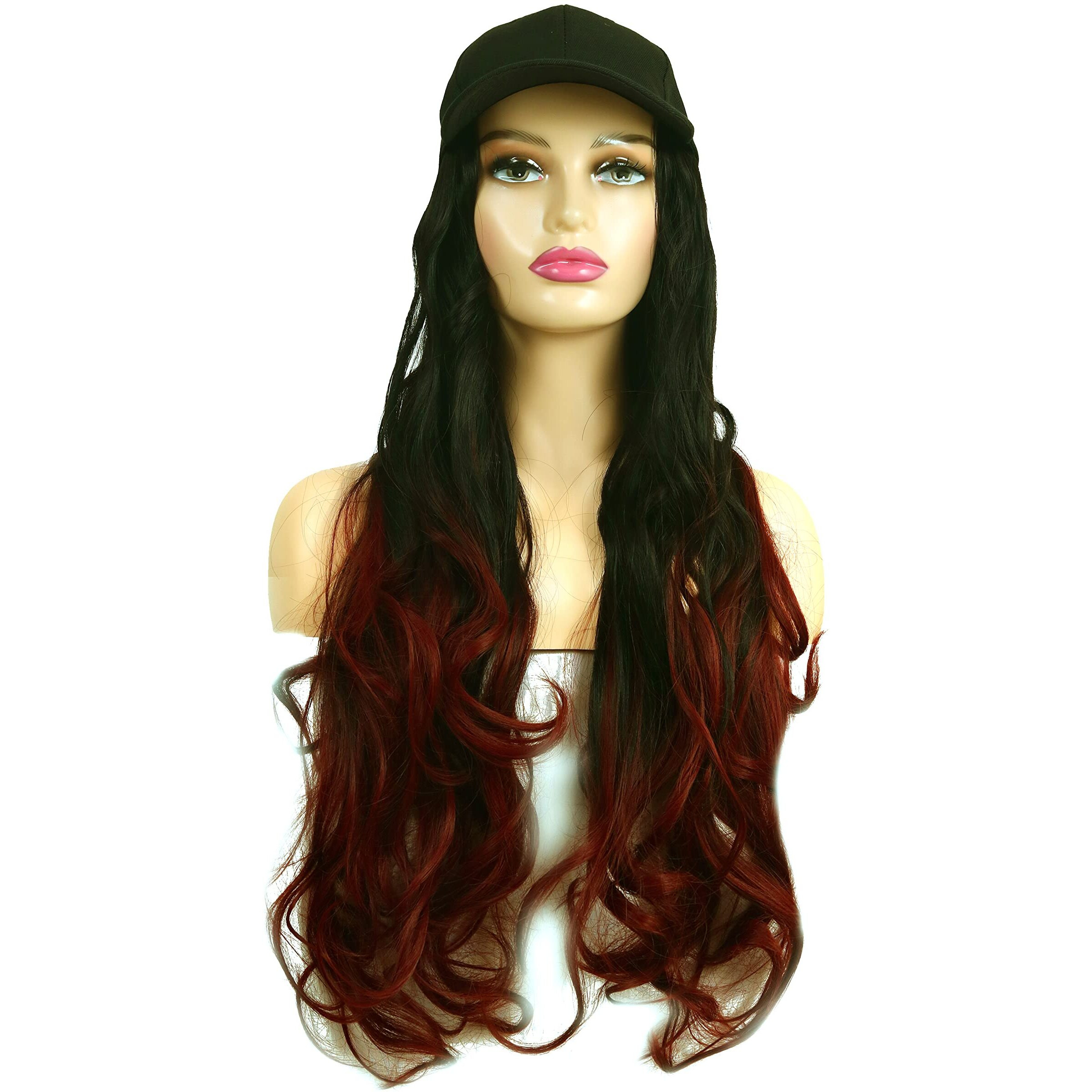 Paradise Synthetic Hair Hat 26" Long Hair Piece Adjustable Baseball Cap Attached/Women Wigs Natural Hair Full Head 26Inch (Curly Black+ Burgundy) (Free Carry Pouch) 150 Gram Pack Of 1Pc