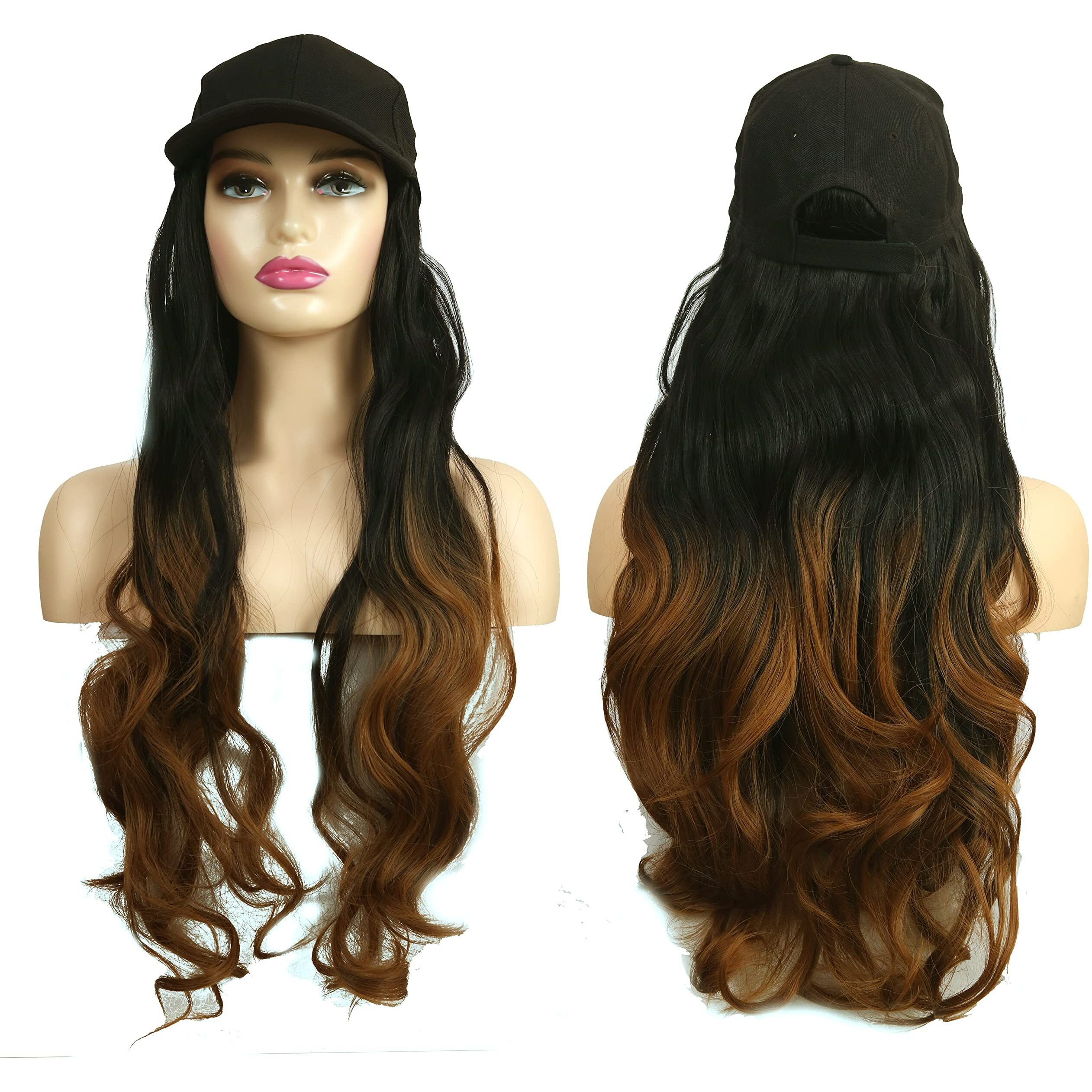 Paradise Synthetic Hair Hat 26" Long Hair Piece Adjustable Baseball Cap Attached/Women Wigs Natural Hair Full Head 26Inch (Curly Black + Ombre) (Free Carry Pouch) 150Gram Pack Of 1Pc