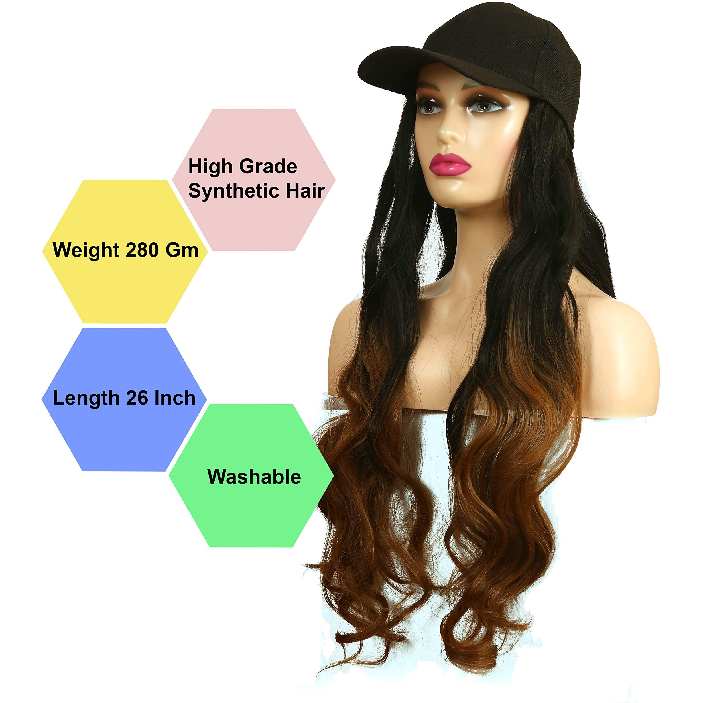 Paradise Synthetic Hair Hat 26" Long Hair Piece Adjustable Baseball Cap Attached/Women Wigs Natural Hair Full Head 26Inch (Curly Black + Ombre) (Free Carry Pouch) 150Gram Pack Of 1Pc