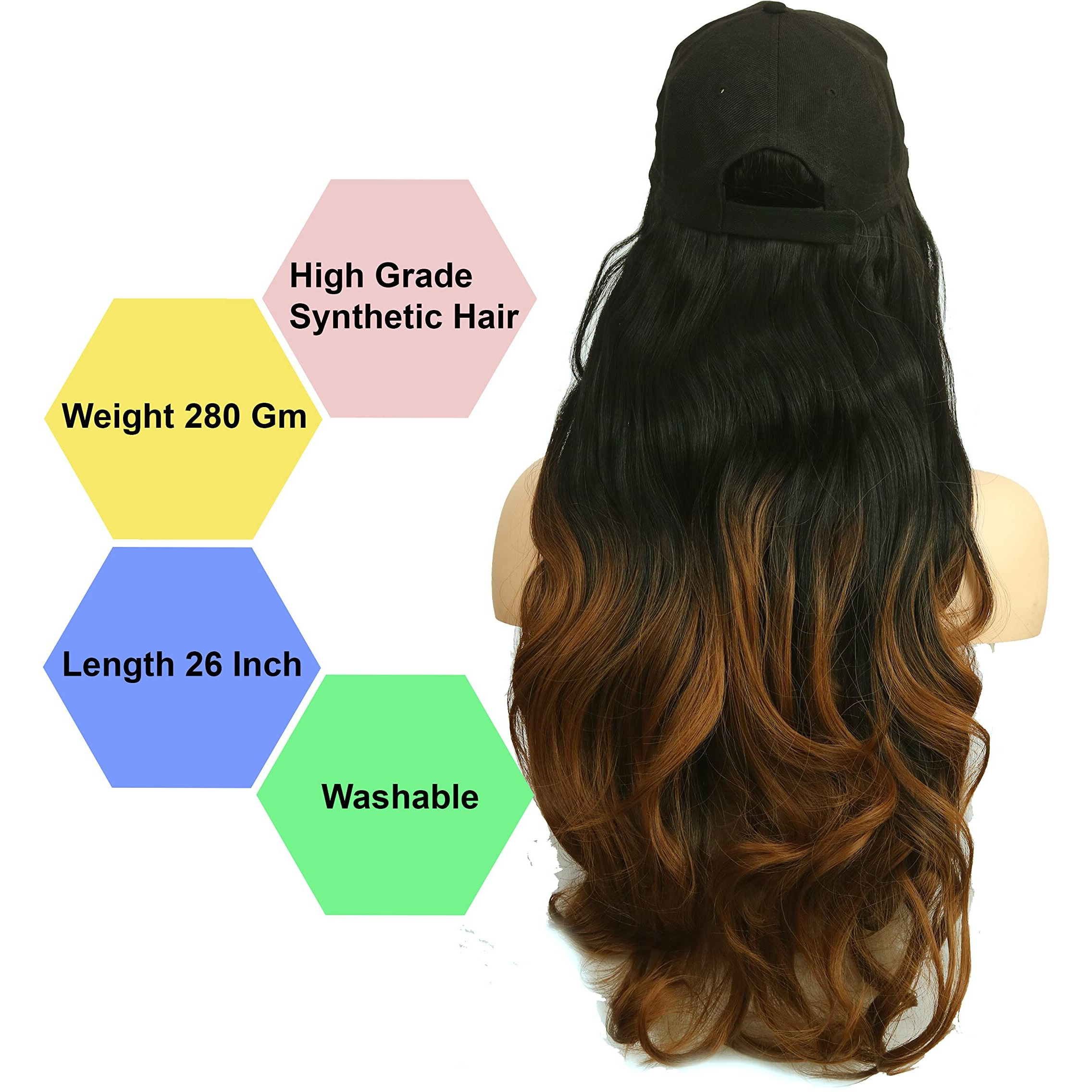 Paradise Synthetic Hair Hat 26" Long Hair Piece Adjustable Baseball Cap Attached/Women Wigs Natural Hair Full Head 26Inch (Curly Black + Ombre) (Free Carry Pouch) 150Gram Pack Of 1Pc