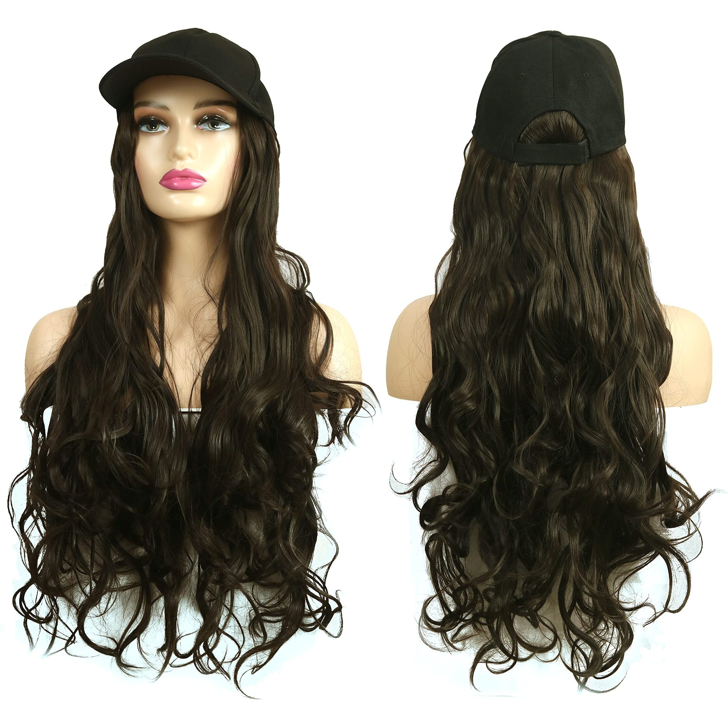 Paradise Synthetic Hair Hat 26" Long Hair Piece Adjustable Baseball Cap Attached/Women Wigs Natural Hair Full Head 26Inch (Curly Dark Brown) (Free Carry Pouch)