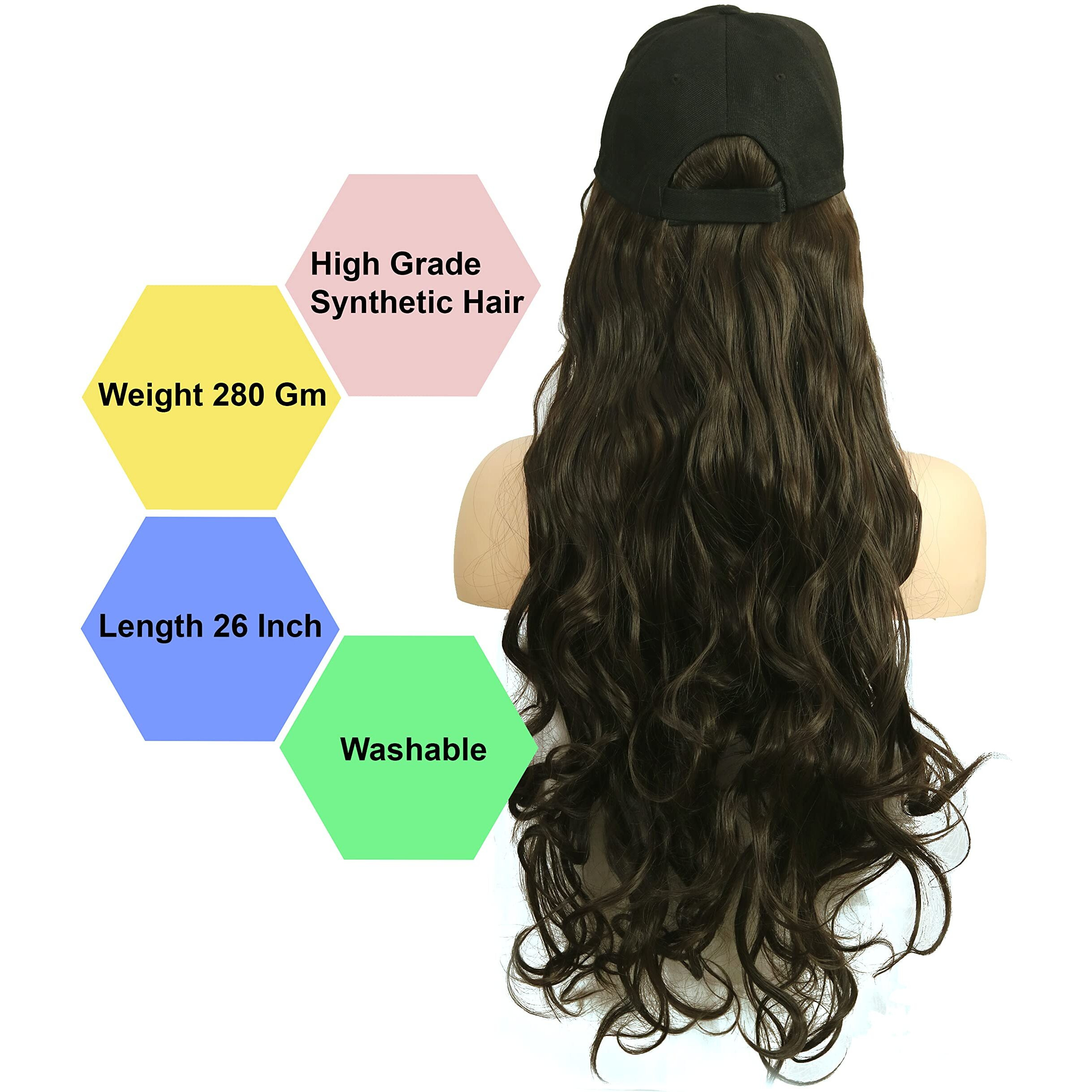 Paradise Synthetic Hair Hat 26" Long Hair Piece Adjustable Baseball Cap Attached/Women Wigs Natural Hair Full Head 26Inch (Curly Dark Brown) (Free Carry Pouch)