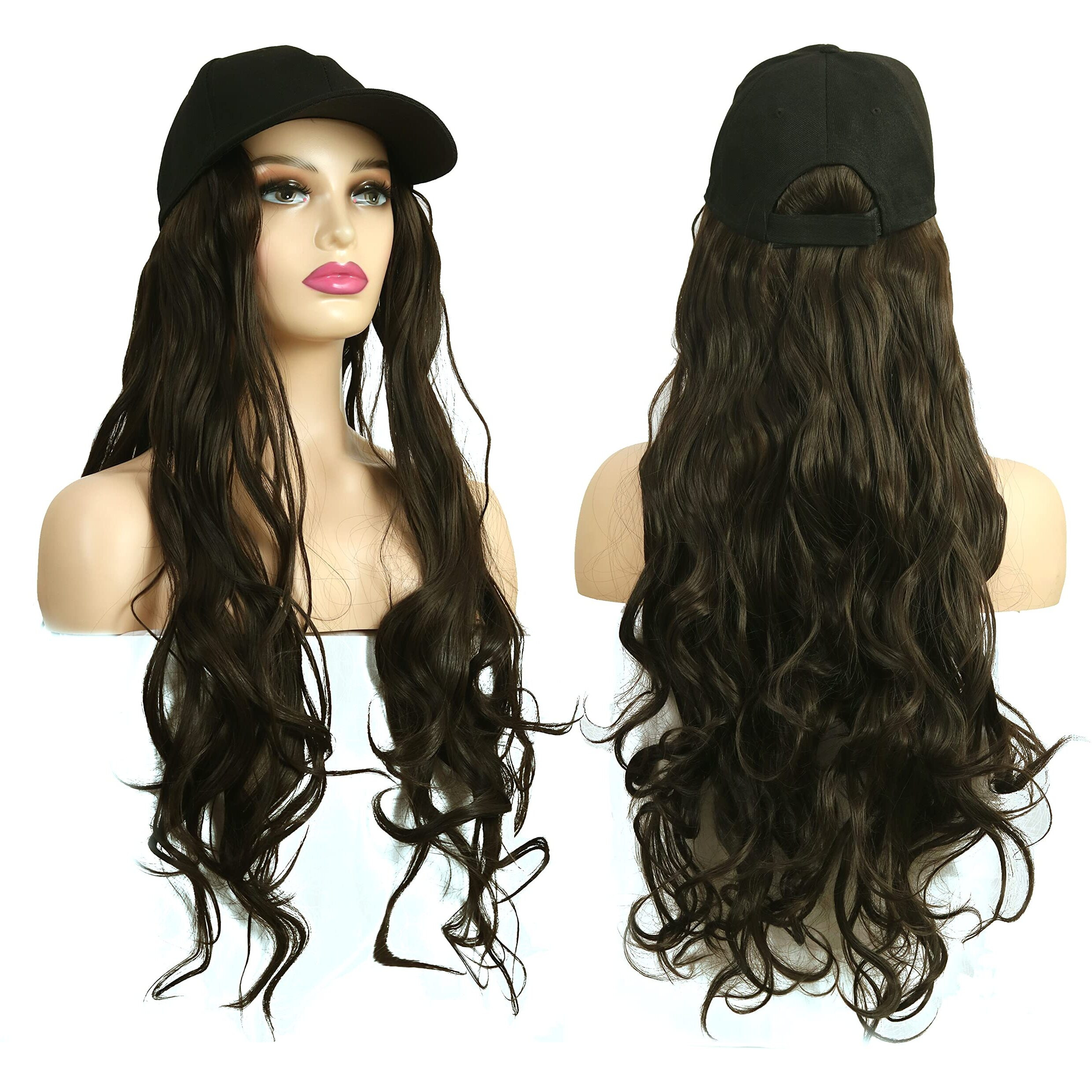 Paradise Synthetic Hair Hat 26" Long Hair Piece Adjustable Baseball Cap Attached/Women Wigs Natural Hair Full Head 26Inch (Curly Dark Brown) (Free Carry Pouch)